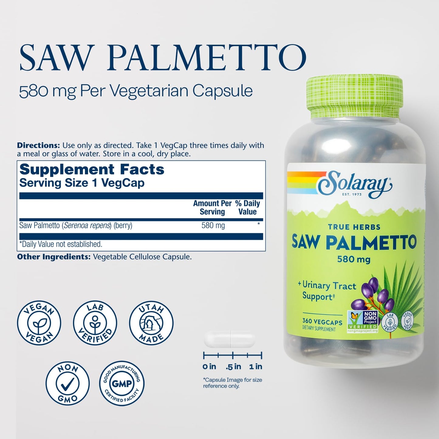 Solaray Saw Palmetto Berries 580 mg Capsule, 360 VegCaps