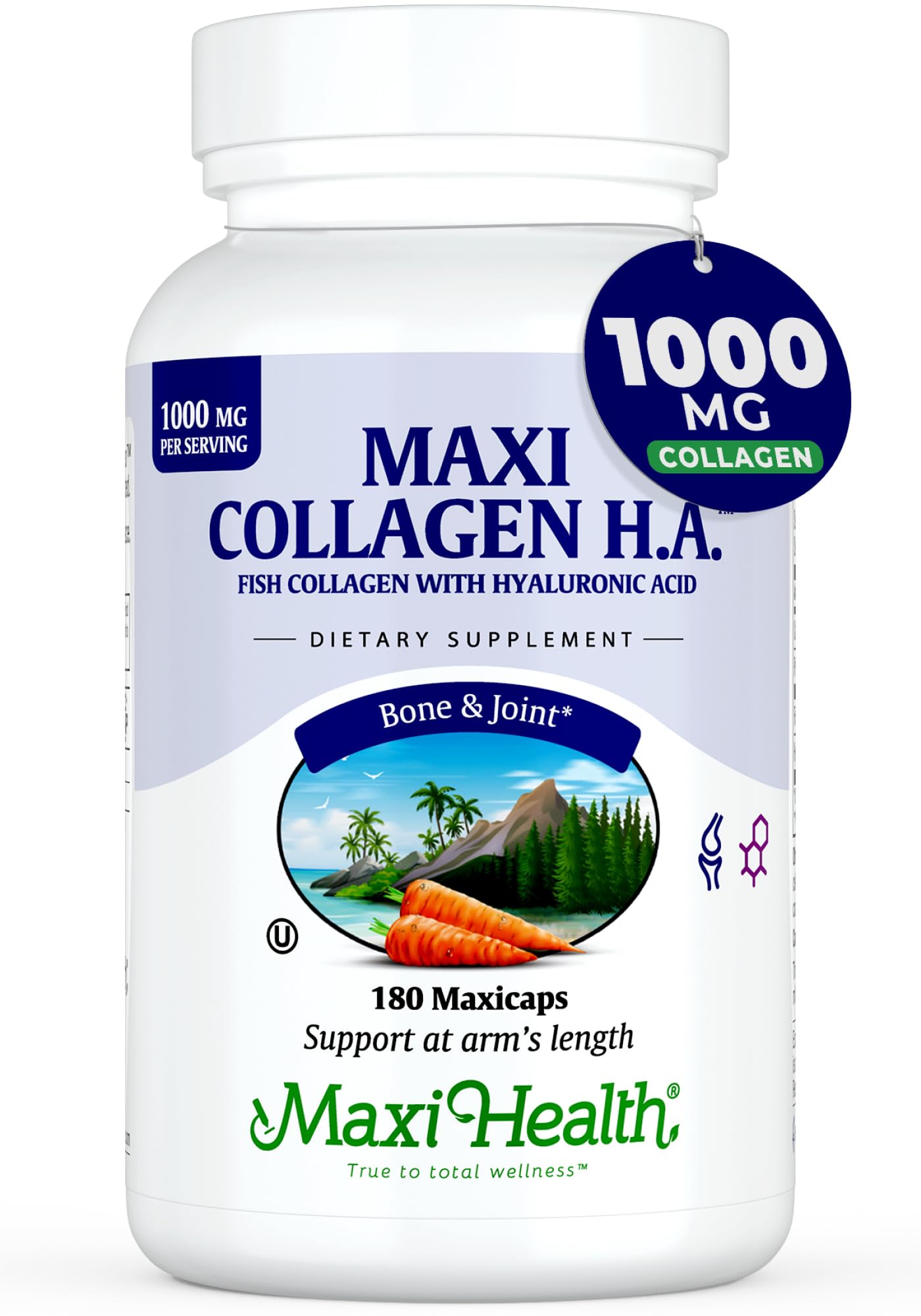 Maxi Health Marine Collagen Capsules, 1000 mg Type I Collagen with Hyaluronic Acid, Unflavored, Kosher, 180 Capsules