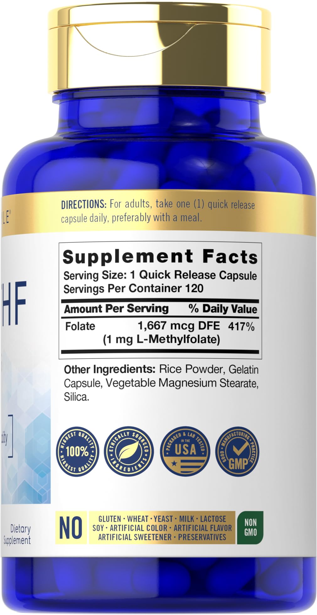 Carlyle 5-MTHF L Methylfolate 1mg Capsules, 120 Count, Non-GMO & Gluten Free