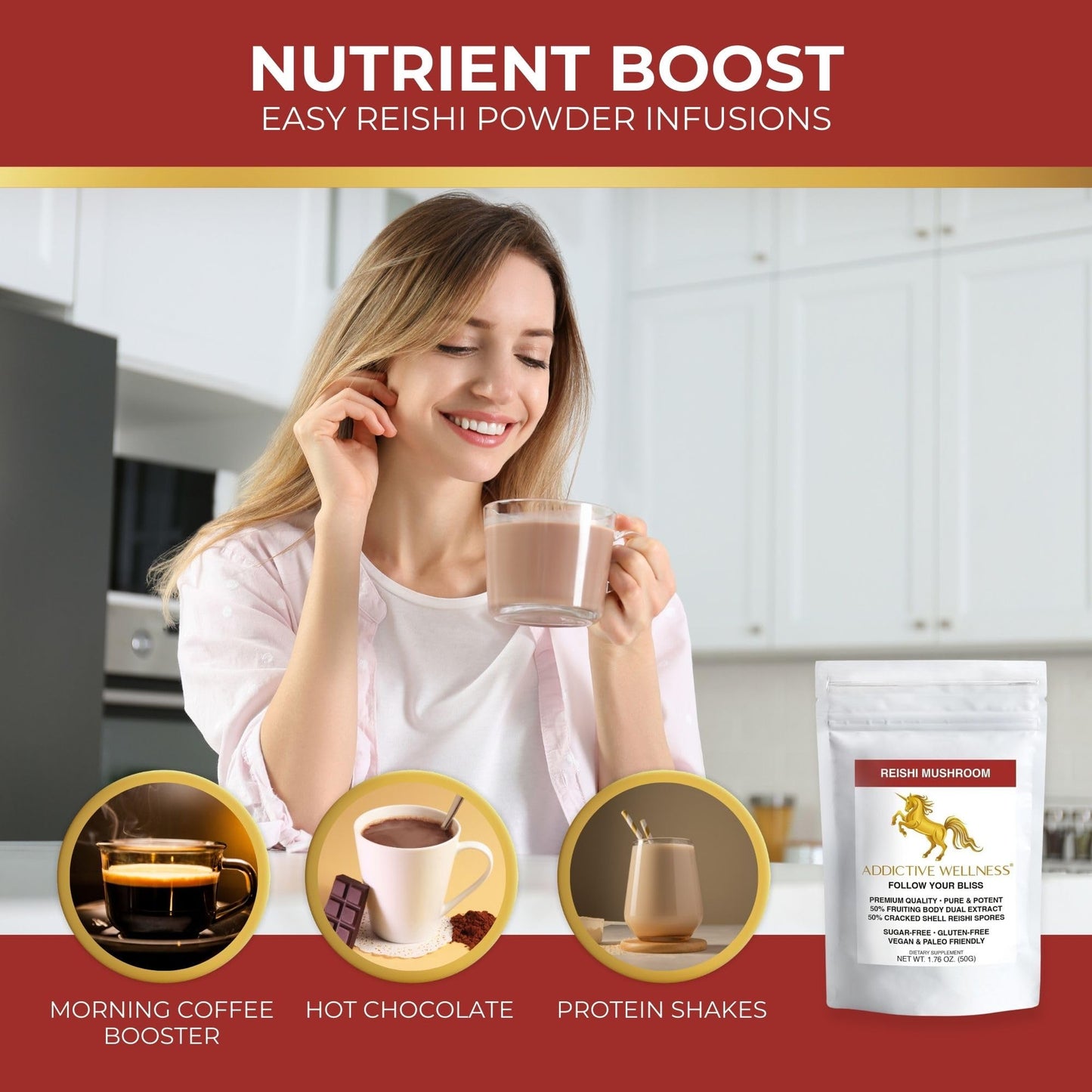 Addictive Wellness Reishi Mushroom Extract Powder + Spores (50/50 Blend) Wood Grown Pure & Potent Wildcrafted Ganoderma, 1.76 oz