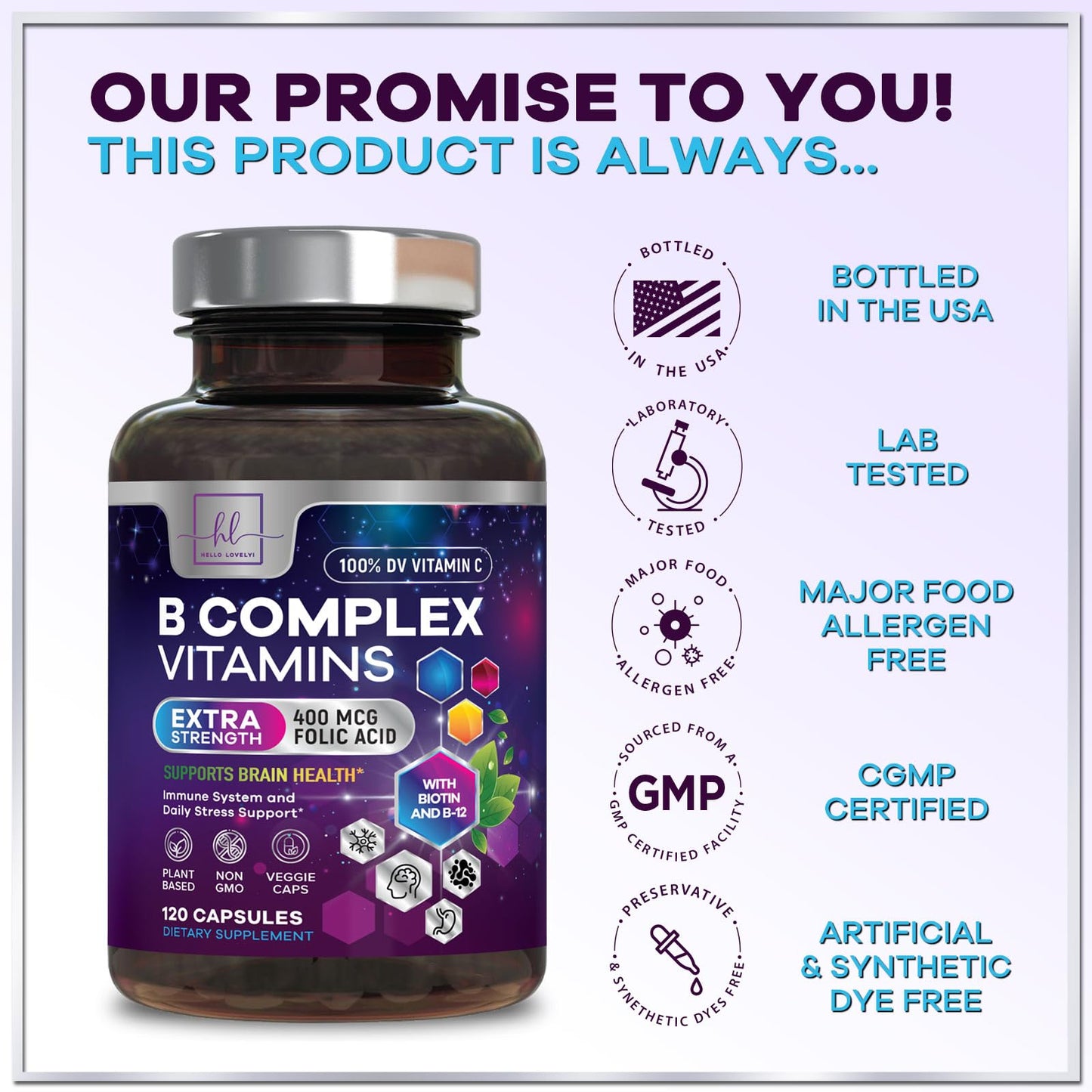 Hello Lovely! B Complex Vitamin Supplement 3X Strength with Biotin, Vitamin C & Folic Acid, 120 Capsules