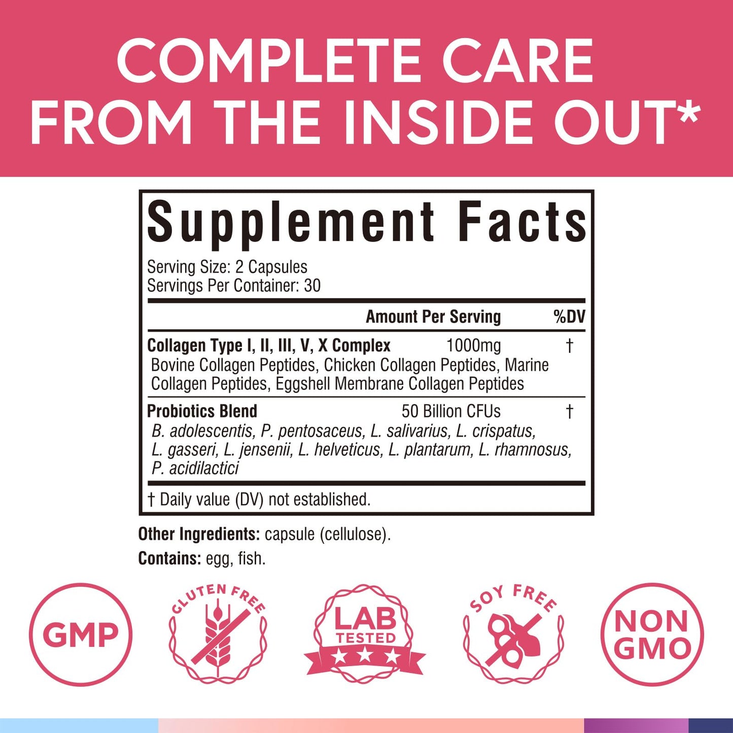 Terranics Multi Collagen Peptides Type I, II, III, V, X, 1000 mg Per Serving with Probiotics 50 Billion CFUs, 10 Strains, Supports Skin, Bone & Gut Health, Non-GMO, 60 Capsules
