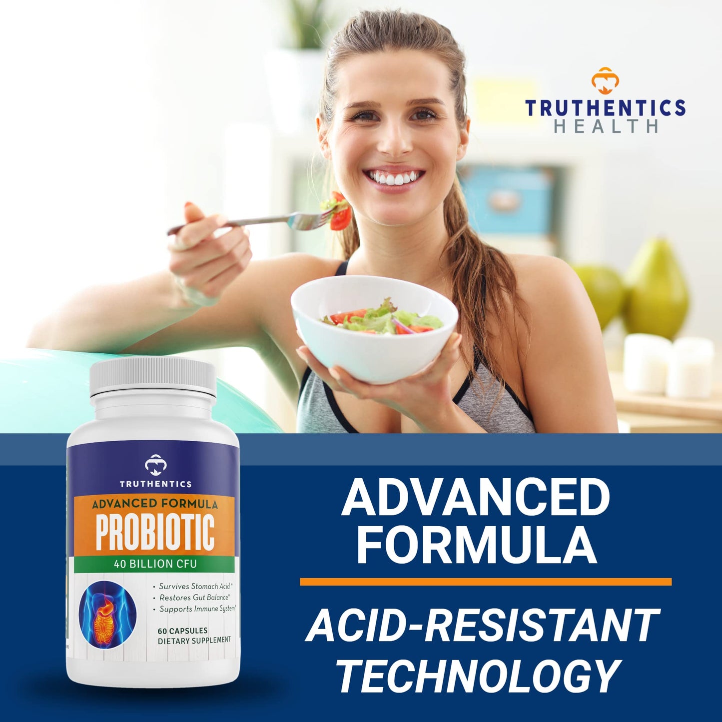 TRUTHENTICS Probiotic 40 Billion CFU with Prebiotics Bifidobacterium Lactobacillus Acidophilus Paracasei Probiotics for Men & Women Capsules, 60