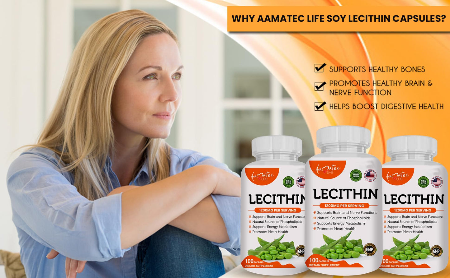 AAMATEC LIFE Soy Lecithin 1200mg Capsules, 100 Count