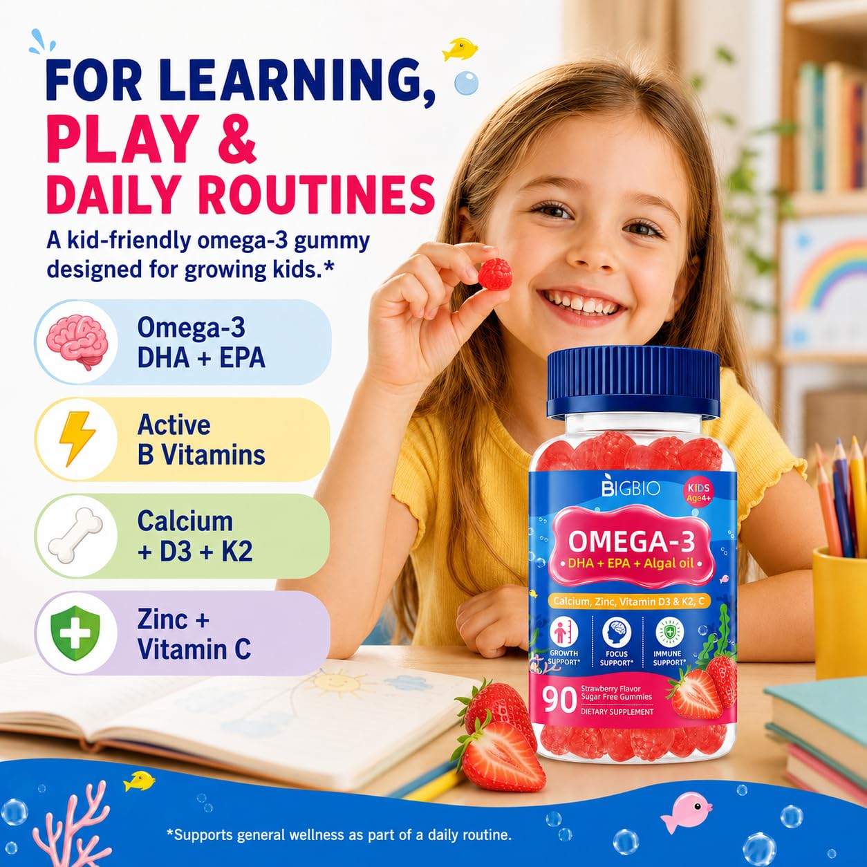 BIGBIO Omega 3 (EPA/DHA) Filled Gummies for Kids 90 Count