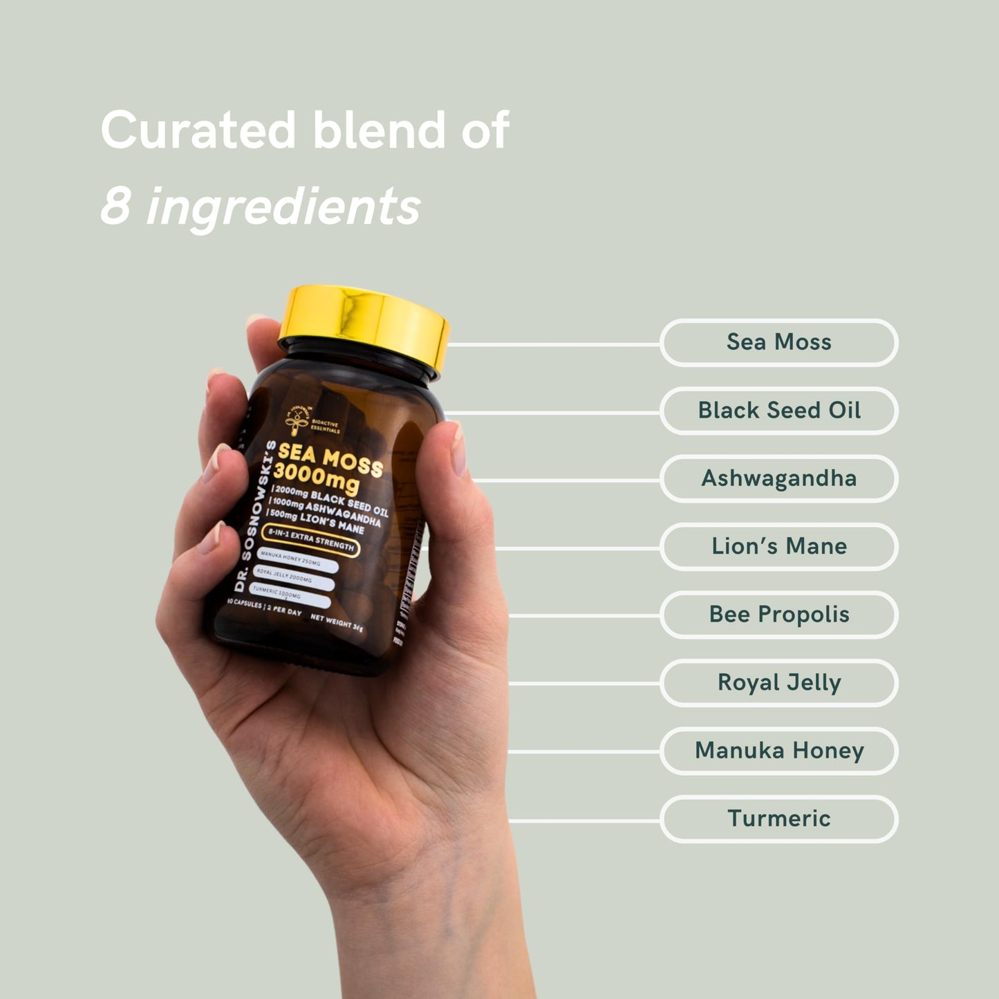 Dr Sosnowski's BioActive Sea Moss 8-in-1 Formula Enriched with Black Seed, Ashwagandha, Turmeric, Manuka Honey, Lion's Mane, Royal Jelly, Bee Propolis Extract Capsules 60 Count