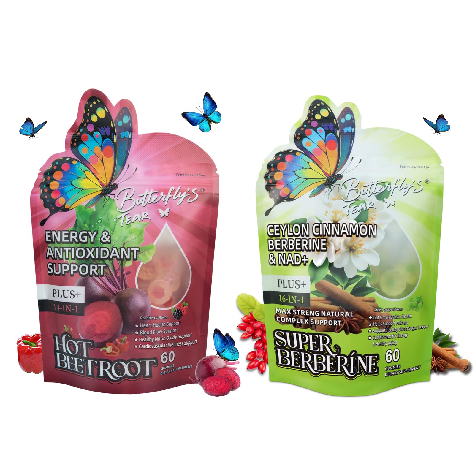 BUTTERFLY'S TEAR Beet Root & Berberine Gummies, Nitric Oxide & Metabolism Support, Energy, Circulation with Cinnamon, Vitamin D3 K2 E, Sugar Free, Non-GMO, 60 Gummies