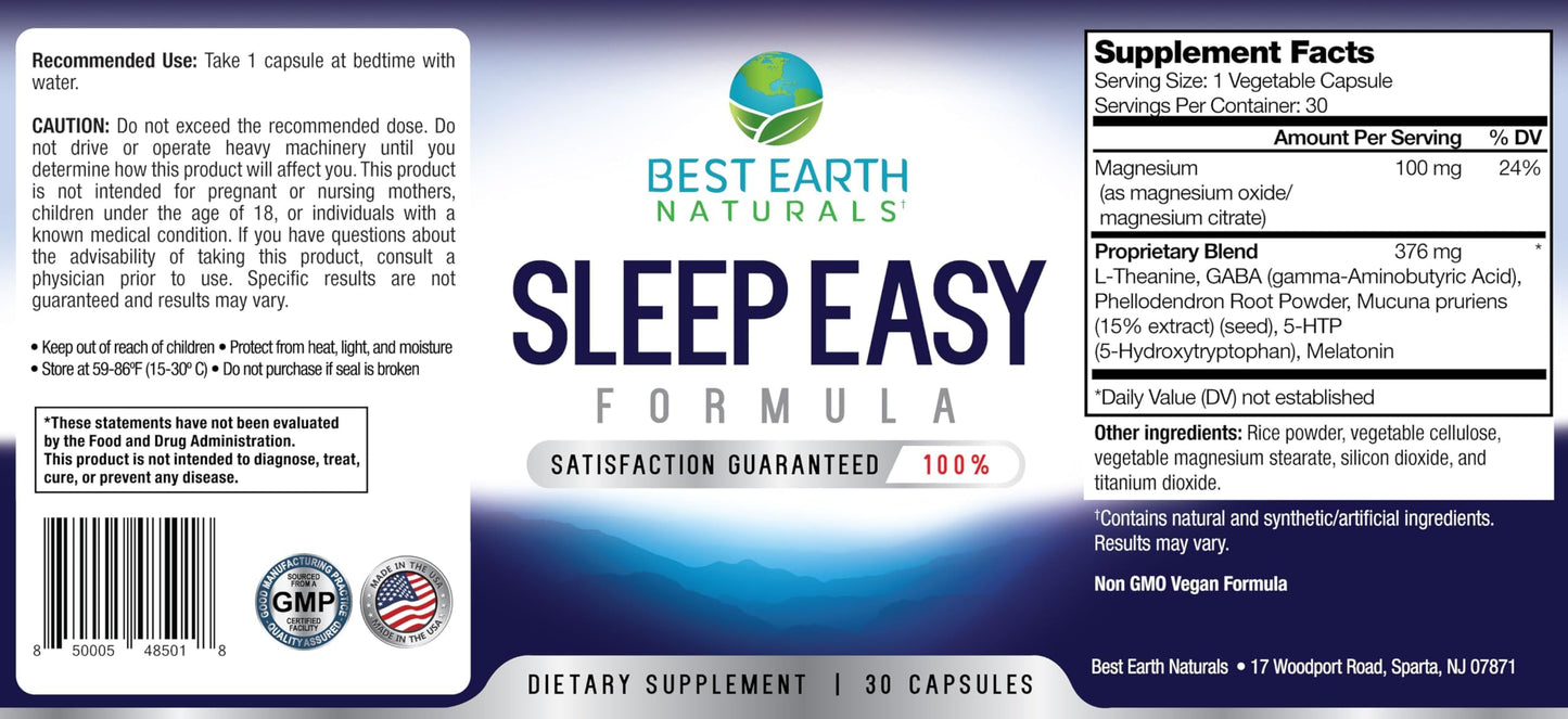 Best Earth Naturals Sleep Easy Supplement with L-Theanine, GABA, 5-HTP and More Capsule 30 Count