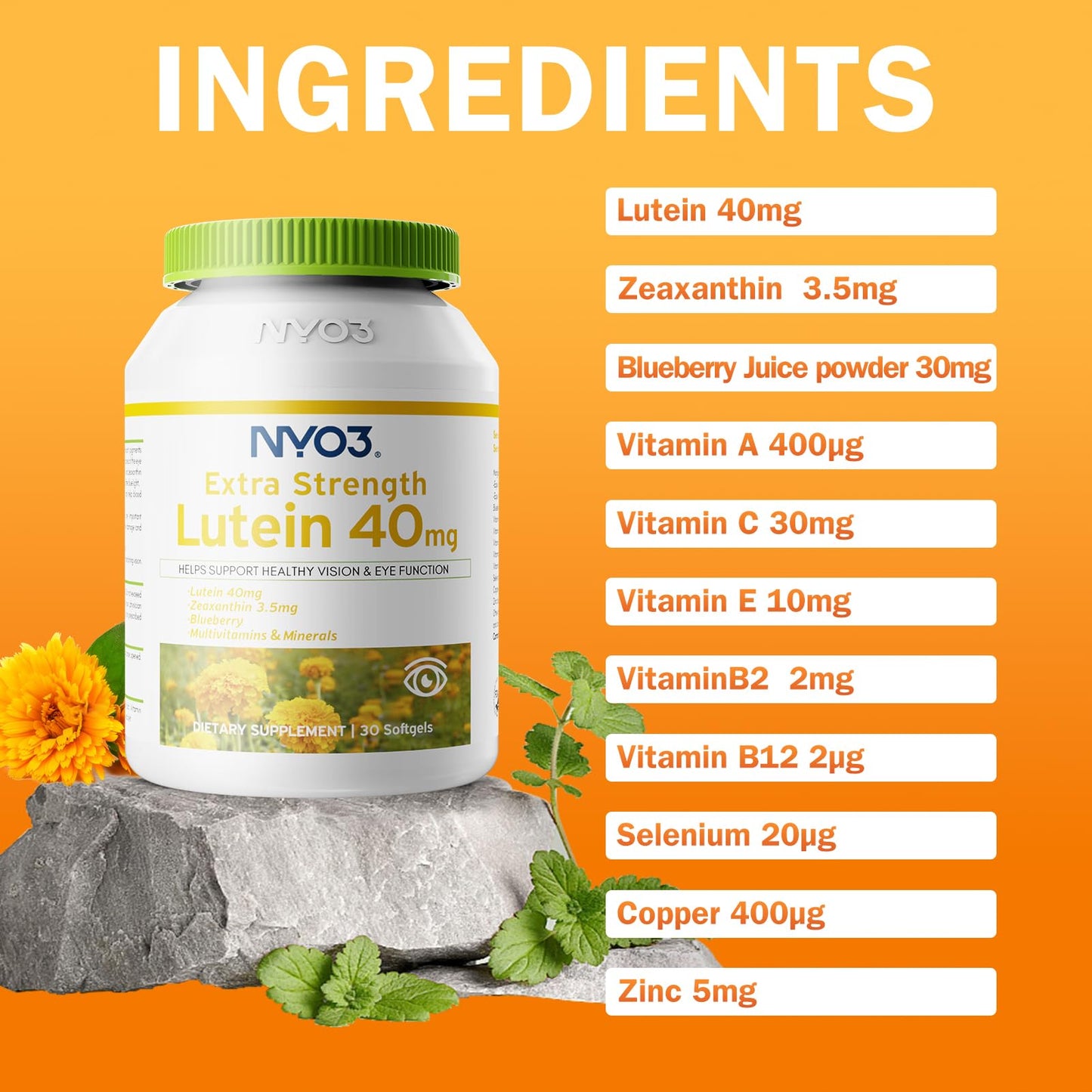 NYO3 Lutein & Zeaxanthin 40mg with Blueberry Softgel, 30 Softgels