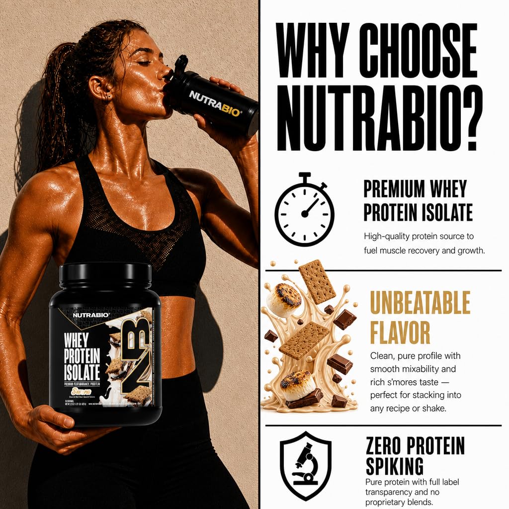 NutraBio 100% Whey Protein Isolate Protein Powder, S'Mores, 22 Servings