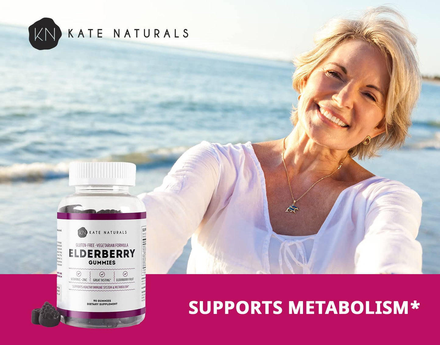Kate Naturals Elderberry Gummies with Vitamin C and Zinc for Adults & Kids, 90 Gummies