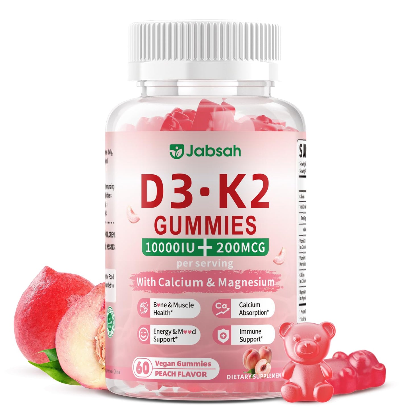 Jabsah Vitamin D3 K2 with Calcium, Magnesium & K2 (MK-7), 10000 IU, Extra Strength, 60 Gummies