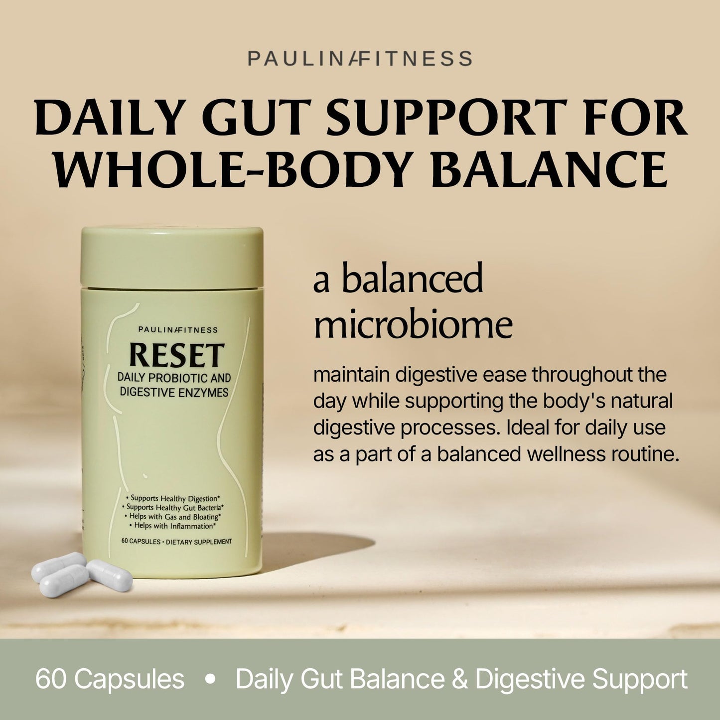 Paulina FITNESS Reset Daily Probiotic + Prebiotic Plant Digestive Enzymes – Advanced Gut Reset for Women – Bloating Relief, Weight Management, Digestion, Gut Health – Vegan, Shelf-Stable, 60 Capsules