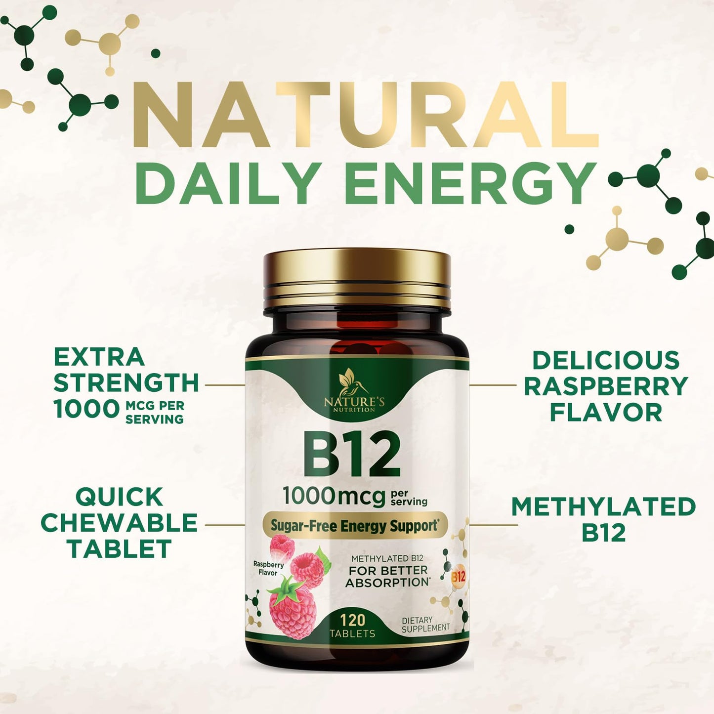 Nature's Nutrition Vitamin B12 1000 mcg Methylcobalamin Chewable Tablet, 120 Tablets