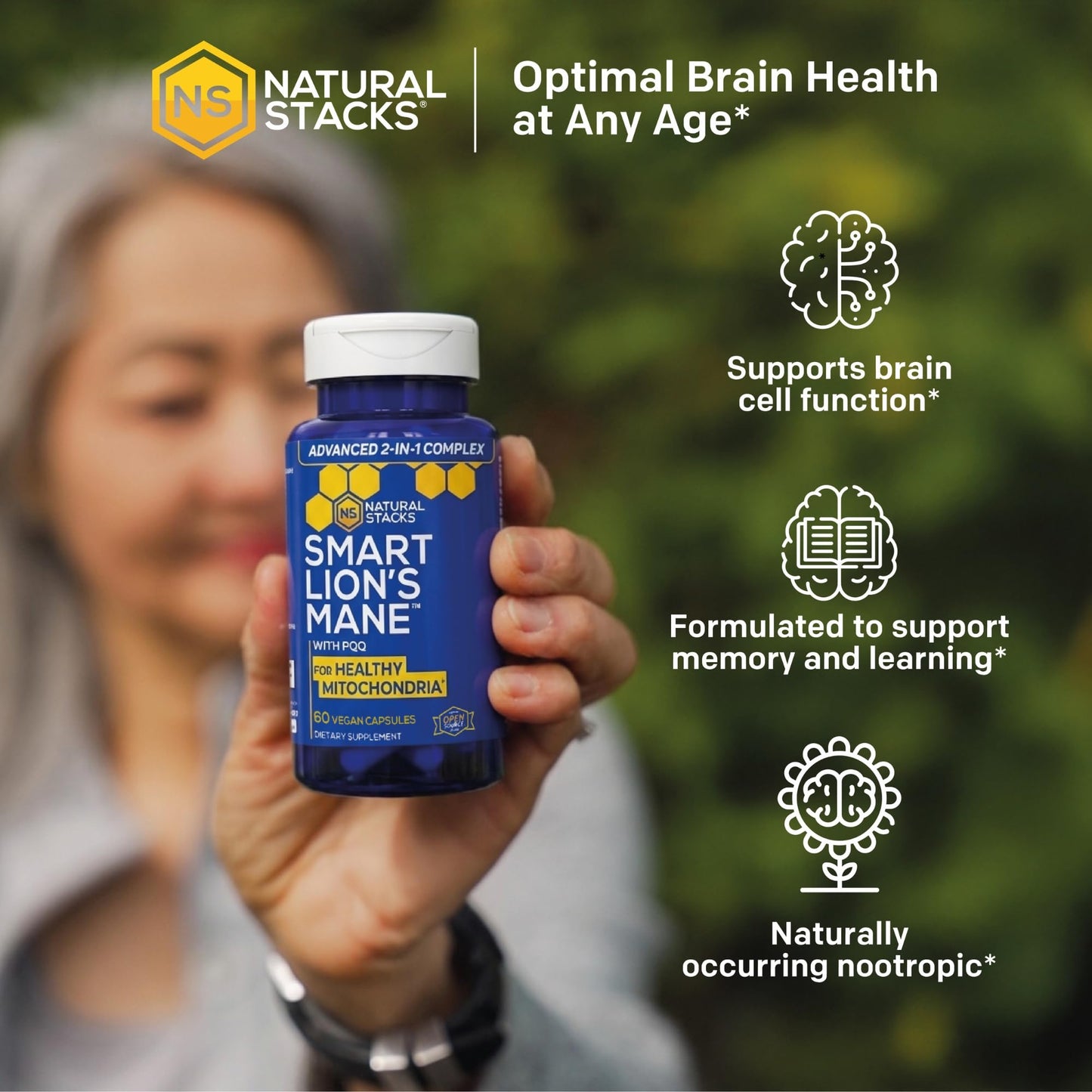 NATURAL STACKS Organic Lions Mane Supplement Capsules 1000mg Lions Mane Mushroom with 10mg PQQ, 60 Capsules