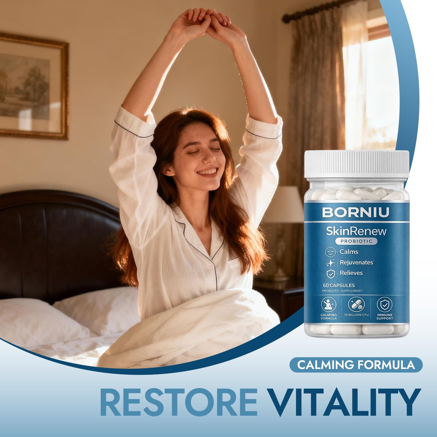 NutraNeo Borniu SkinRenew Probiotic for Gut and Skin Support, 5 Targeted Probiotic Strains Plus Inulin Prebiotic Fiber, Vegan, Non-GMO, 60 Capsules