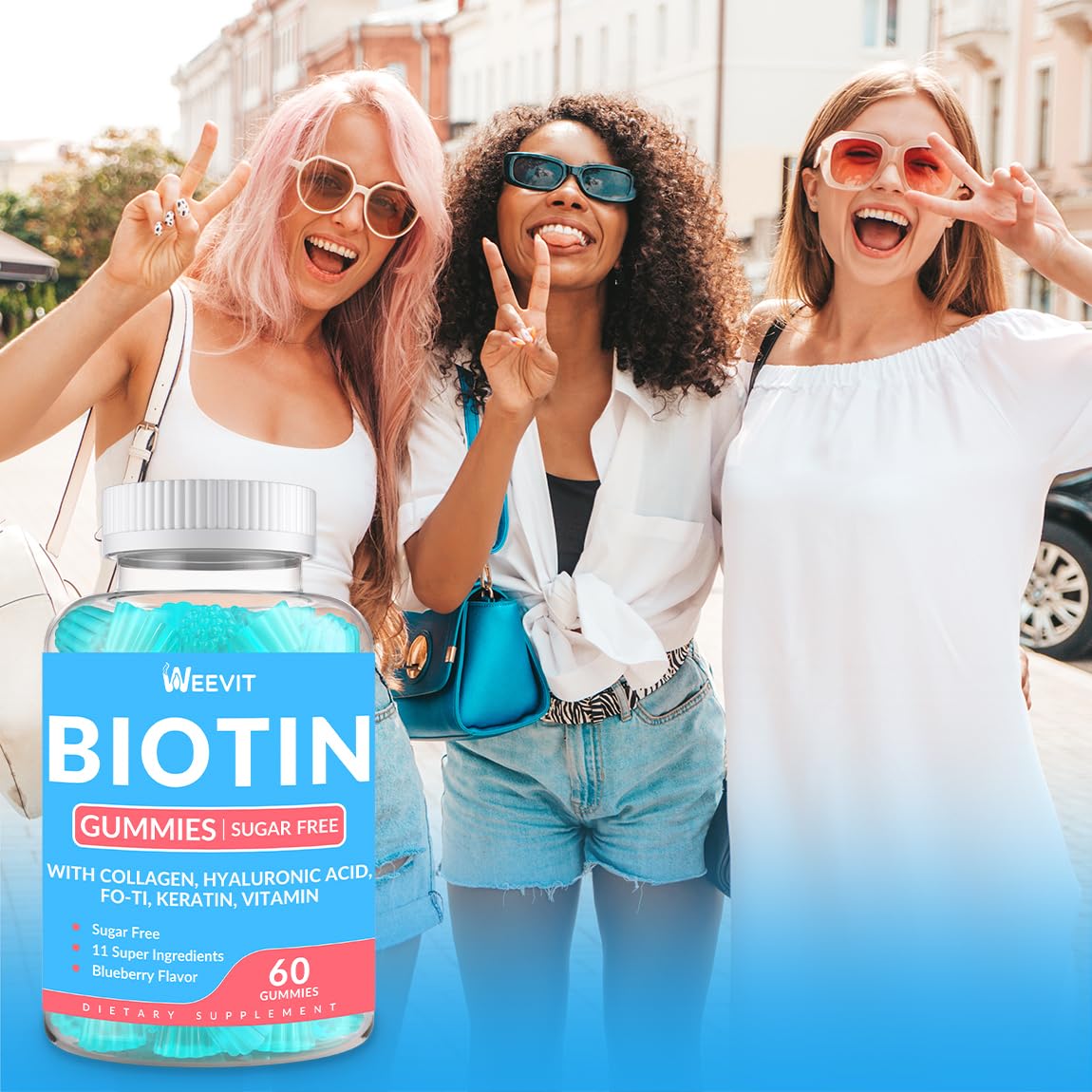 WEEVIT Biotin Gummies Sugar-Free with Collagen, Keratin & Hyaluronic Acid for Hair, Skin & Nails, Vitamin B7 Supplement, Non-GMO, 120 Gummies