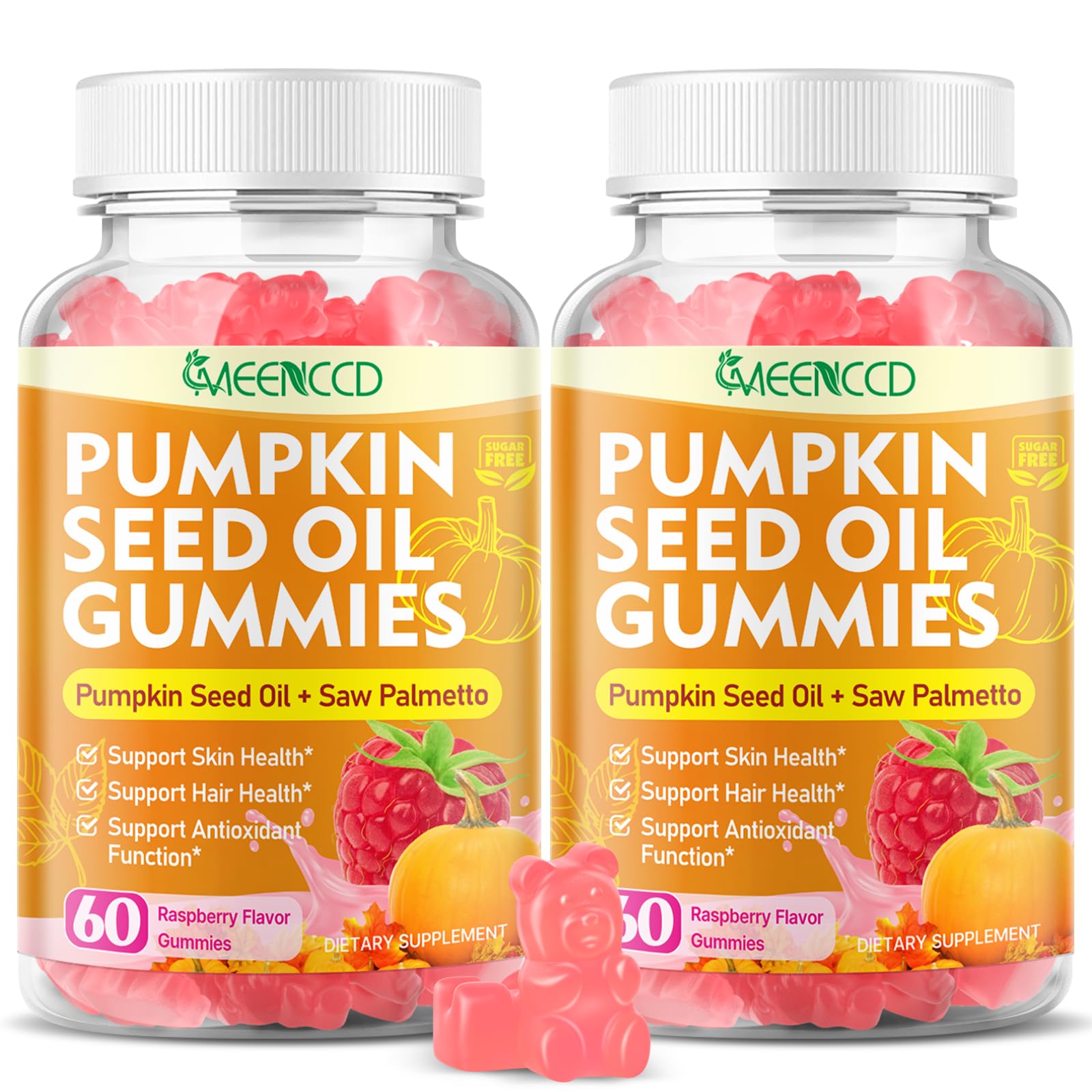MEENCCD Pumpkin Seed Oil Gummies with Saw Palmetto for Hair and Skin Health, Sugar-Free Raspberry Flavor, 120 Count