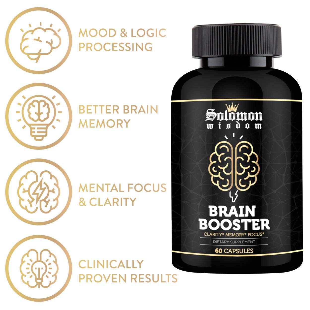 SOLOMON WISDOM Brain Booster Nootropic Dietary Supplement Capsules, 60 Count