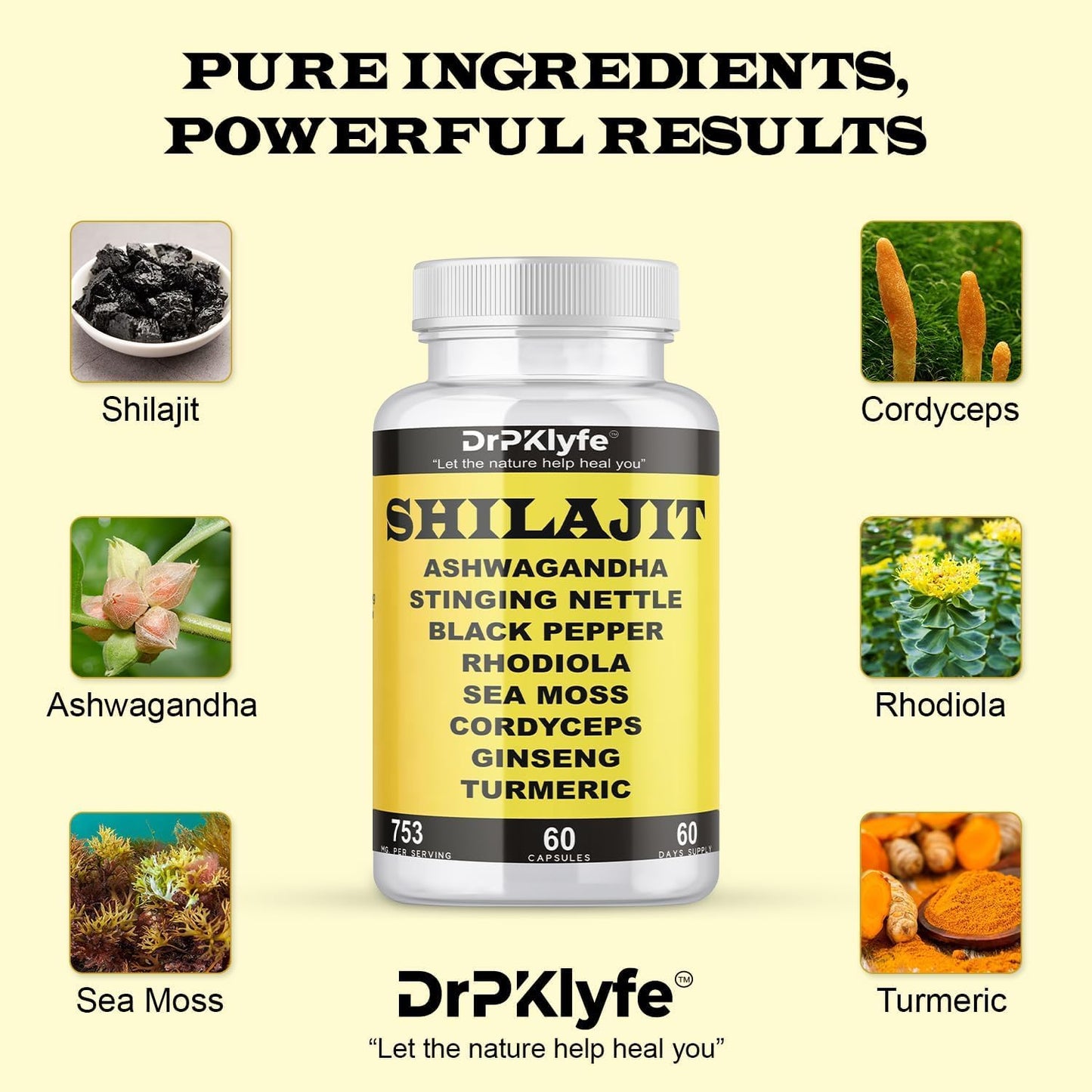 DrPKLyfe Shilajit Capsules with Ashwagandha, Rhodiola, Sea Moss, and Turmeric - 753mg, 60 Capsules