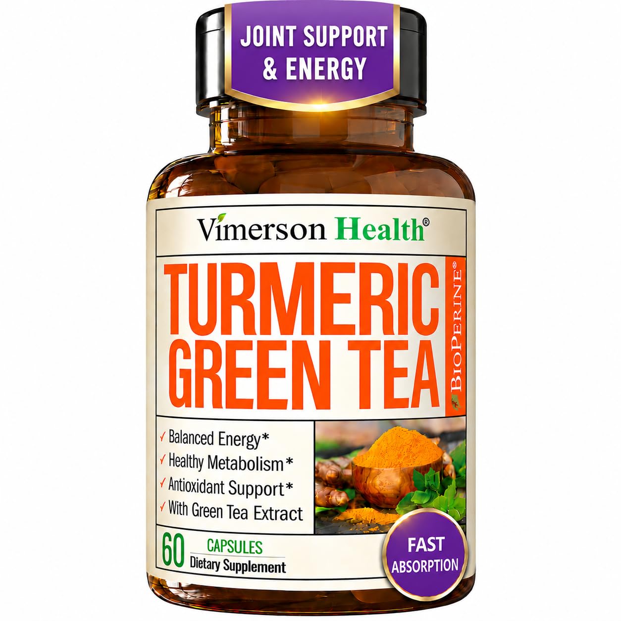 Vimerson Health Turmeric Curcumin Supplement with Green Tea Extract (ECGC) & Vitamin C Capsules, 60 Count