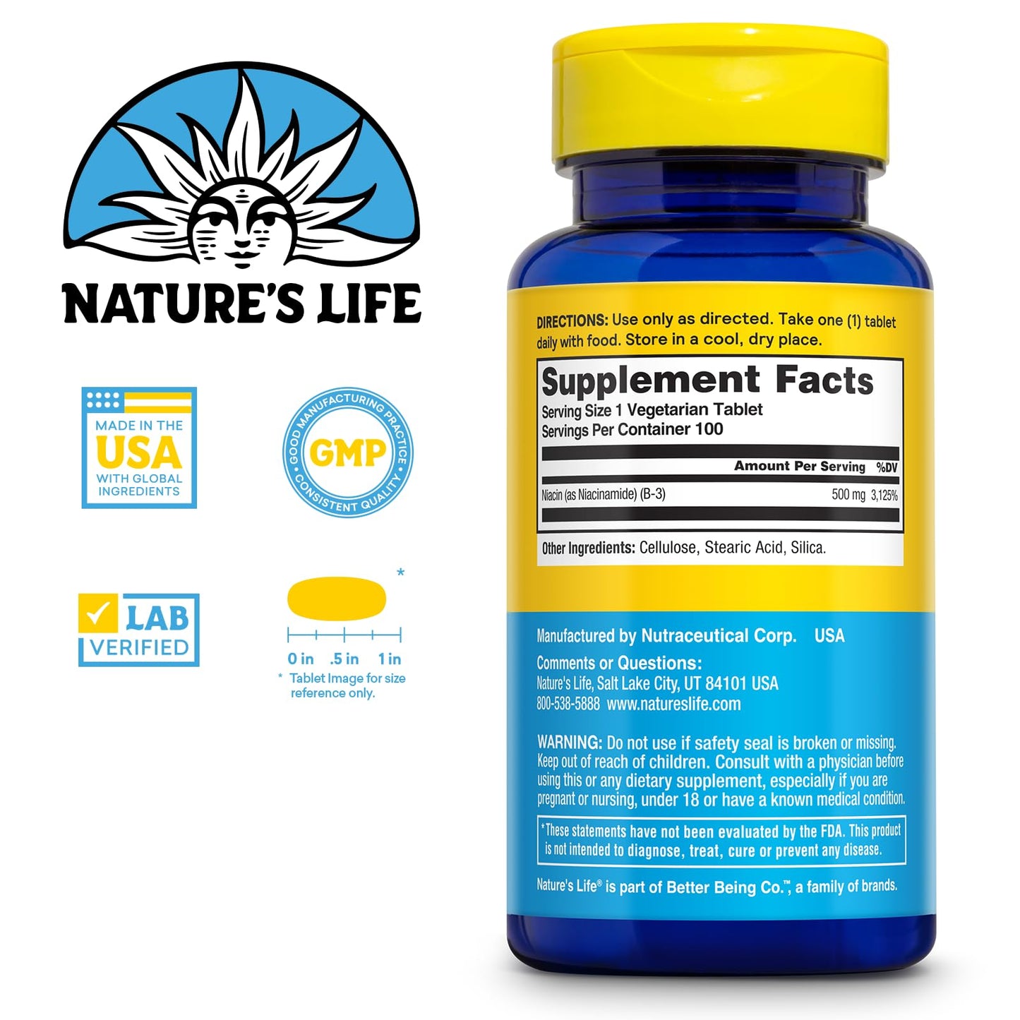 Nature's Life Energizing Niacinamide 500mg No-Flush Vitamin B3 Niacin Supplement Tablets, 100 Count