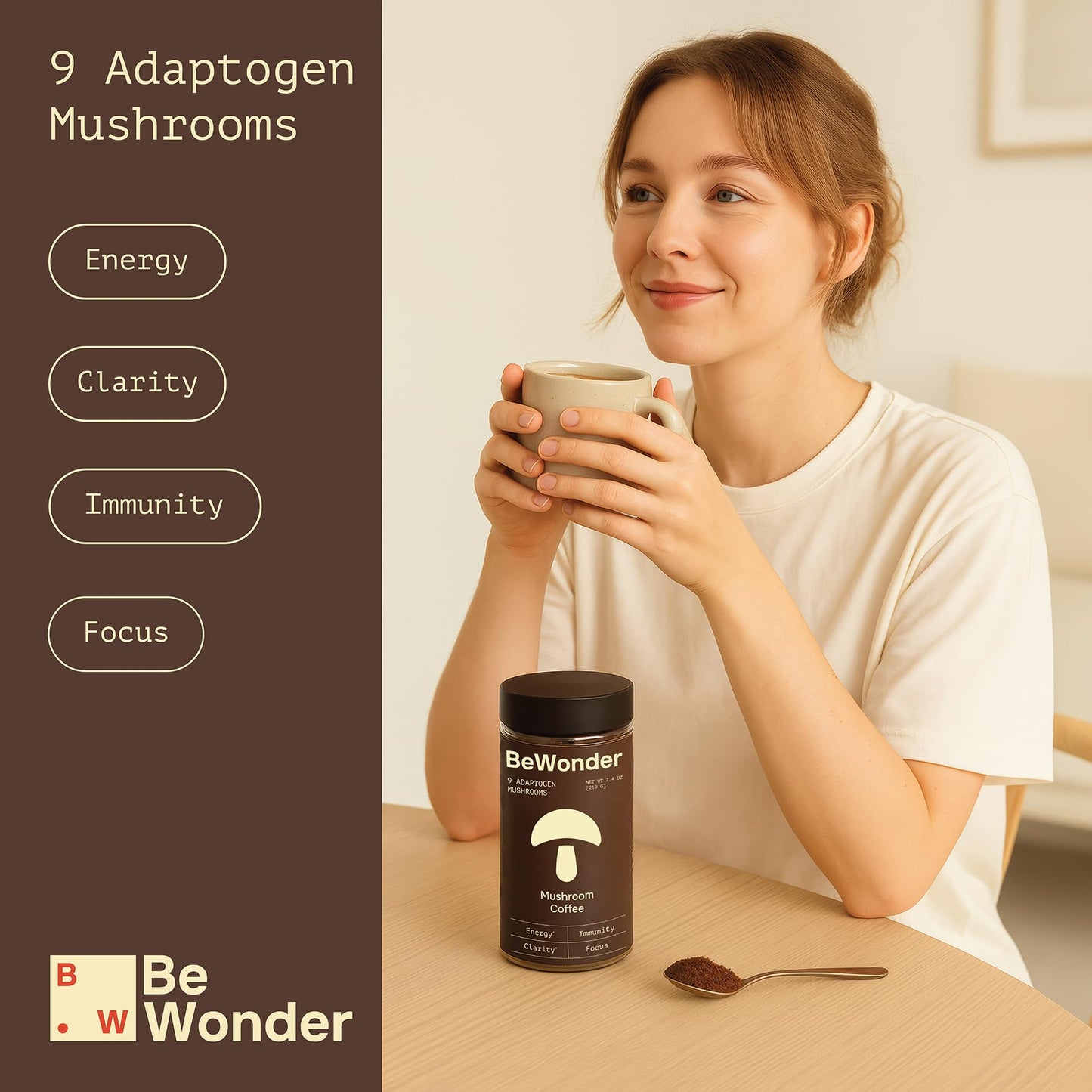 BeWonder Mushroom Coffee Powder 7.4 Ounce - 9 Adaptogenic Mushrooms - Organic Lion's Mane, Chaga, Reishi, Turkey Tail - Instant Coffee - Sugar Free - 80 Servings