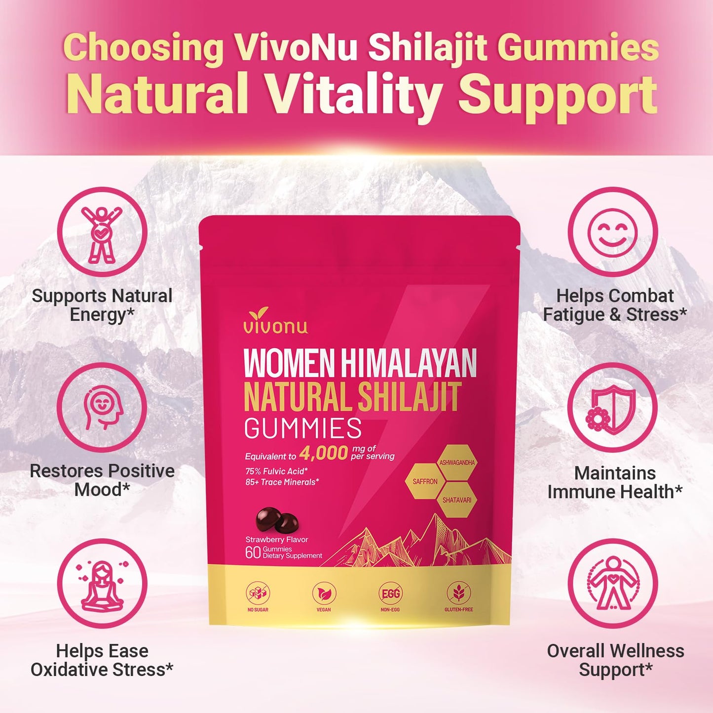 VivoNu Himalayan Shilajit Gummies with Ashwagandha & Gokshura, 60 Gummies