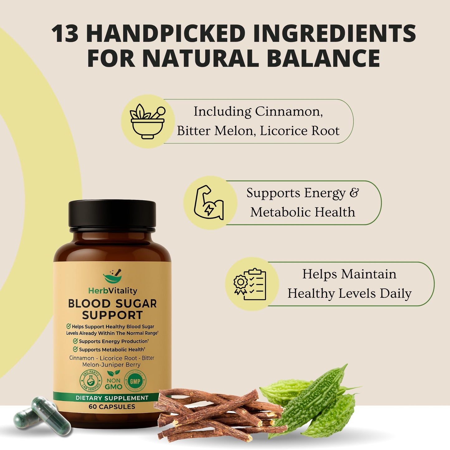 Herb Vitality Blood Sugar Support Supplement with Cinnamon, Bitter Melon, Licorice Root Extract 60 Capsules