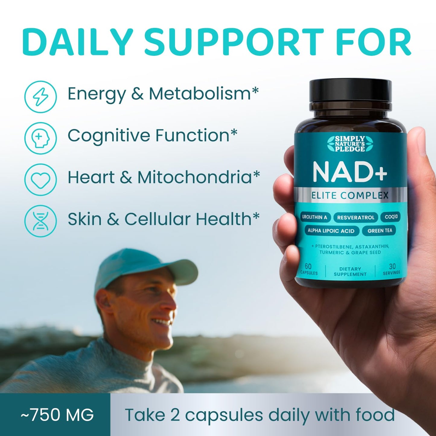 Simply Nature's Pledge NAD+ Elite Complex Direct NAD+ 300 mg with Urolithin A, Resveratrol, CoQ10 & Antioxidant Blend – Cellular Energy, Mitochondrial Support & Healthy Aging – Capsules, 120 Count