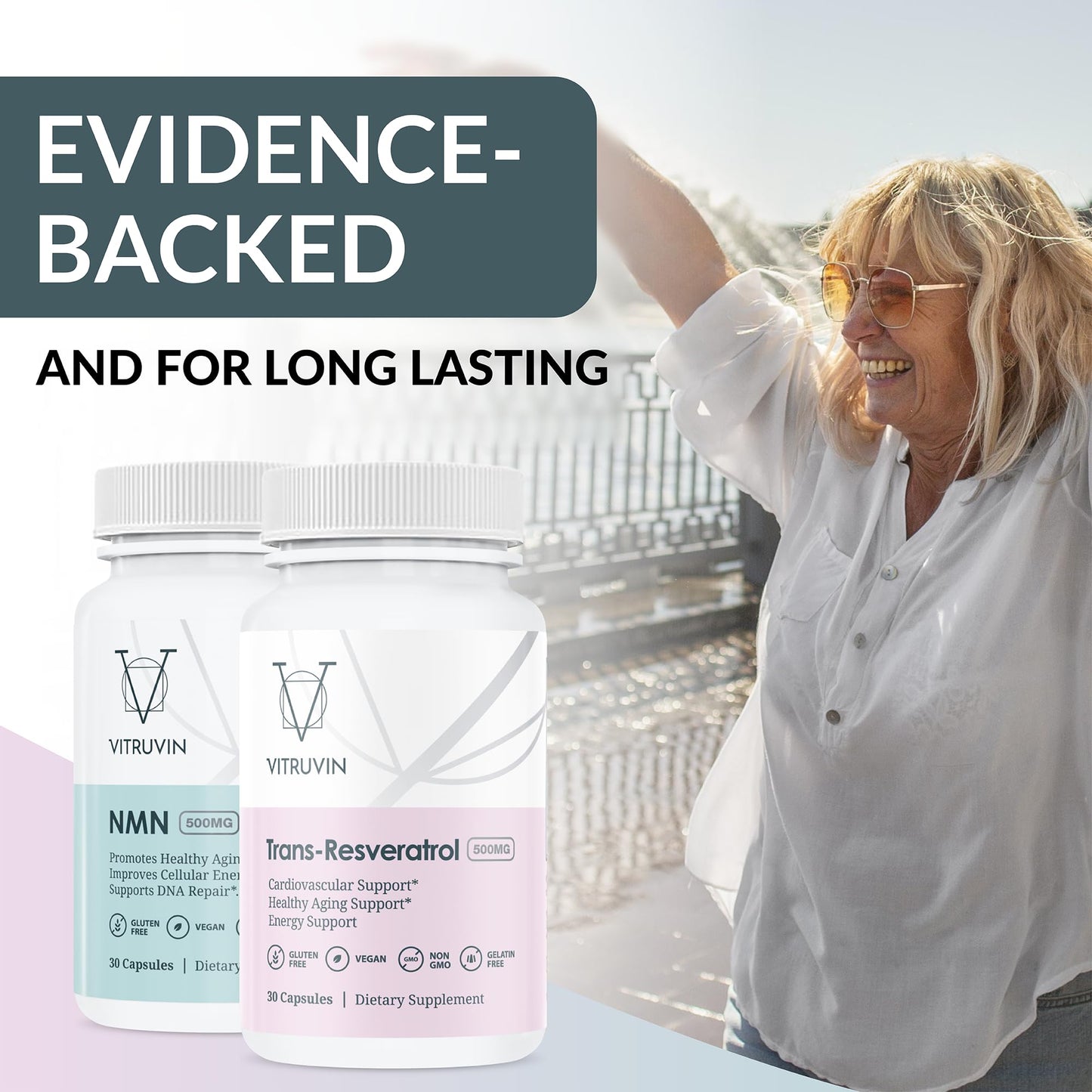 VITRUVIN Longevity NMN 500MG + Trans-Resveratrol 500MG with Piperine Capsule 60 Count