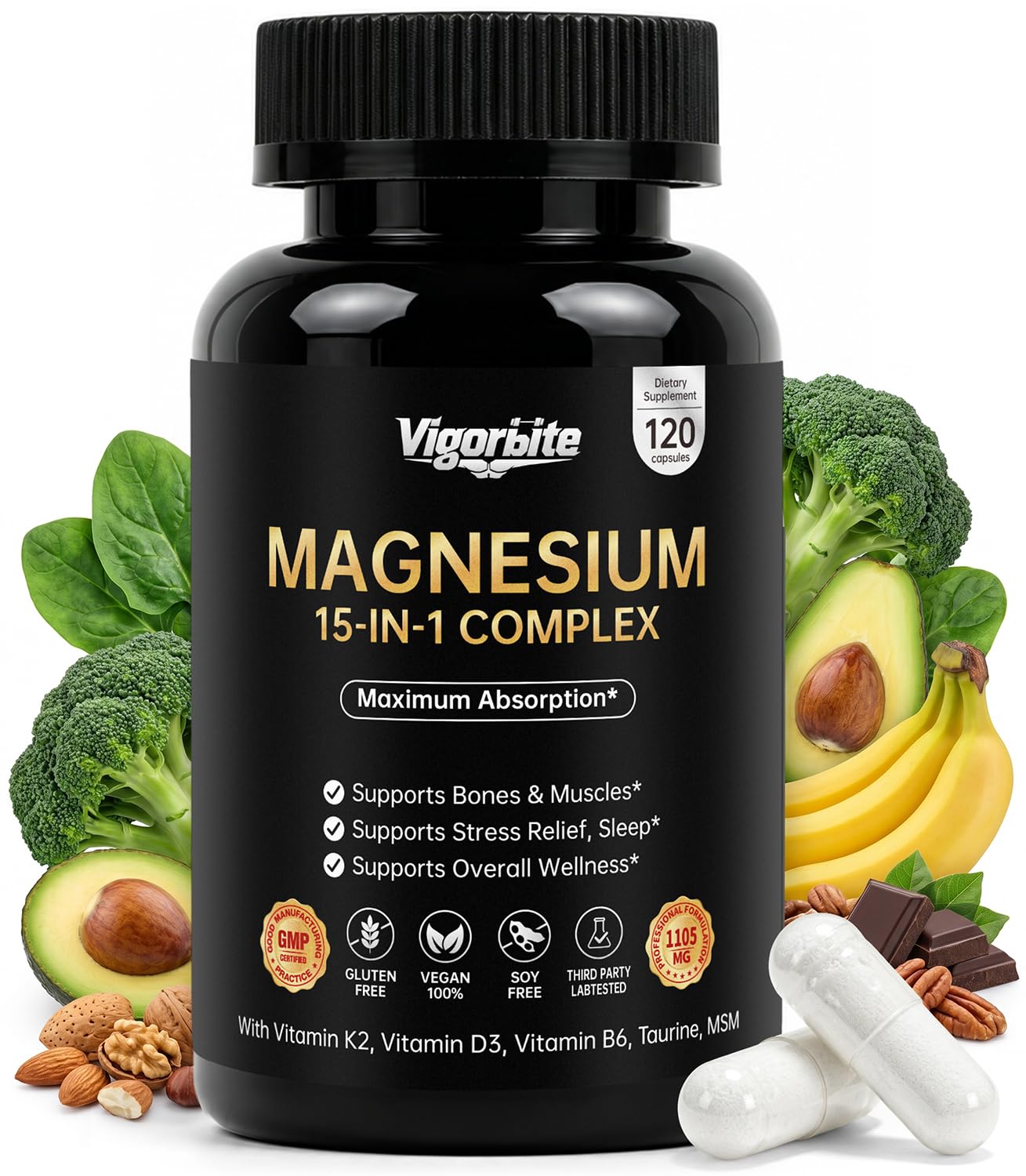 Vigorbite 15-IN-1 Magnesium Glycinate Complex L-Threonate Vitamin D3 K2 B6 1105mg Capsules, 120 Count
