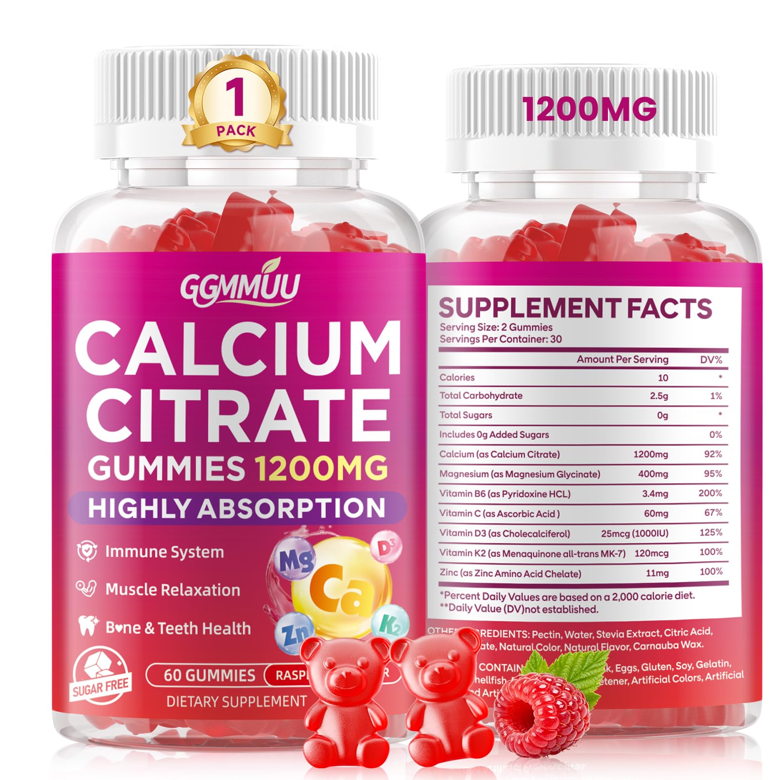 GGMMUU Calcium Citrate Gummies 1200mg Gummy 60 Count