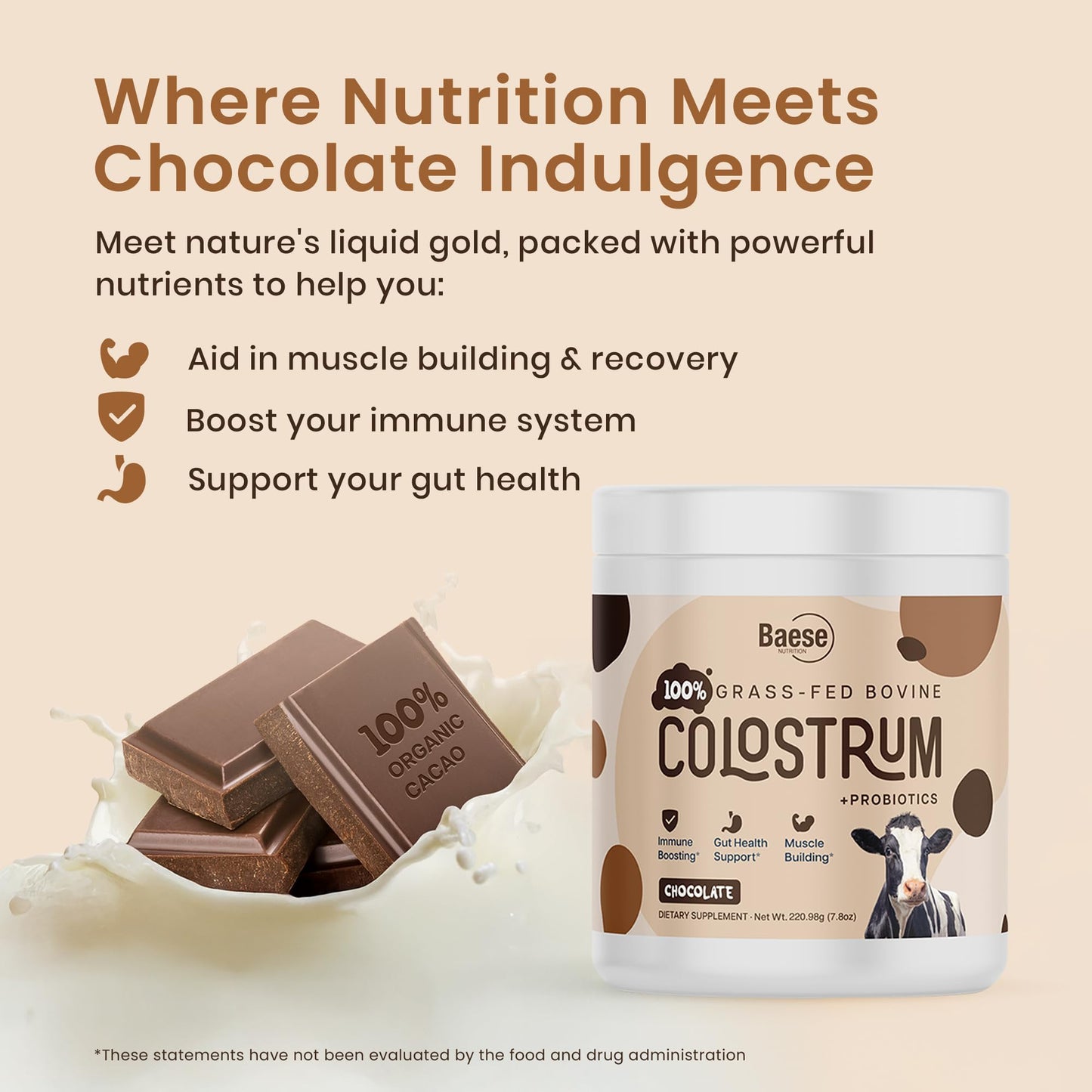 Baese Nutrition Organic Chocolate 4000mg Grass Fed Bovine Colostrum Powder + Probiotics Colostrum Supplement for Kids & Adults with Immunoglobulins, Powder, 7.79 Ounce