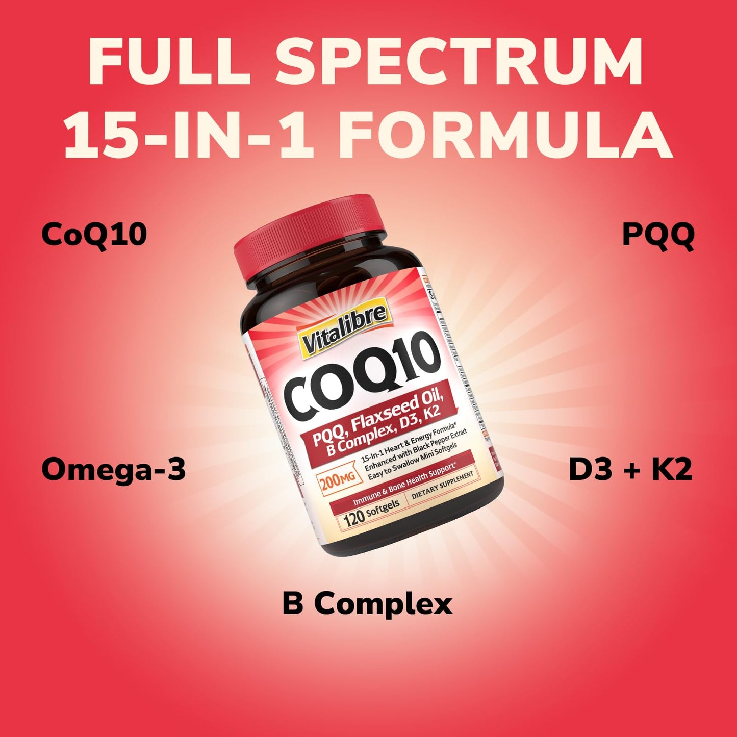 Vitalibre CoQ10 200mg, Ubiquinone with PQQ, Folate, Niacin, K2, D3, Black Pepper, High Absorption, Powerful Antioxidant, Energy Booster, Immune & Bone Support Softgels 120