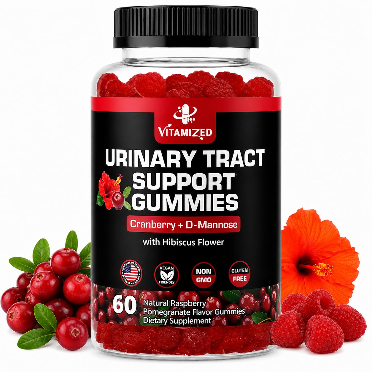 VITAMIZED Cranberry Gummies with D-Mannose, Urinary Flush with Hibiscus Powder Gummy, 60 Count