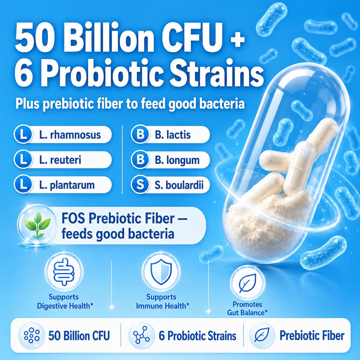 UMB Natures Journey Daily Synbiotic 50 Billion CFU – 6 Strains Probiotics for Women & Men with Prebiotic Fiber, Digestive & Gut Health, Immune Support, 9 Gut-Supporting Nutrients, 60 Capsules