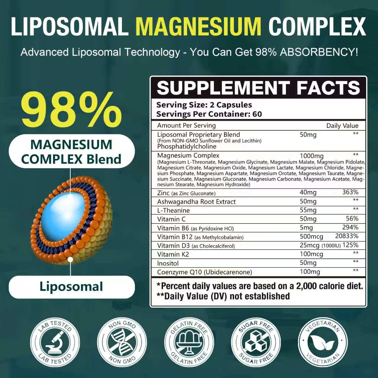 Lickshine 29 in 1 1400mg Liposomal Magnesium Complex for Women & Men Capsules, 120 Count