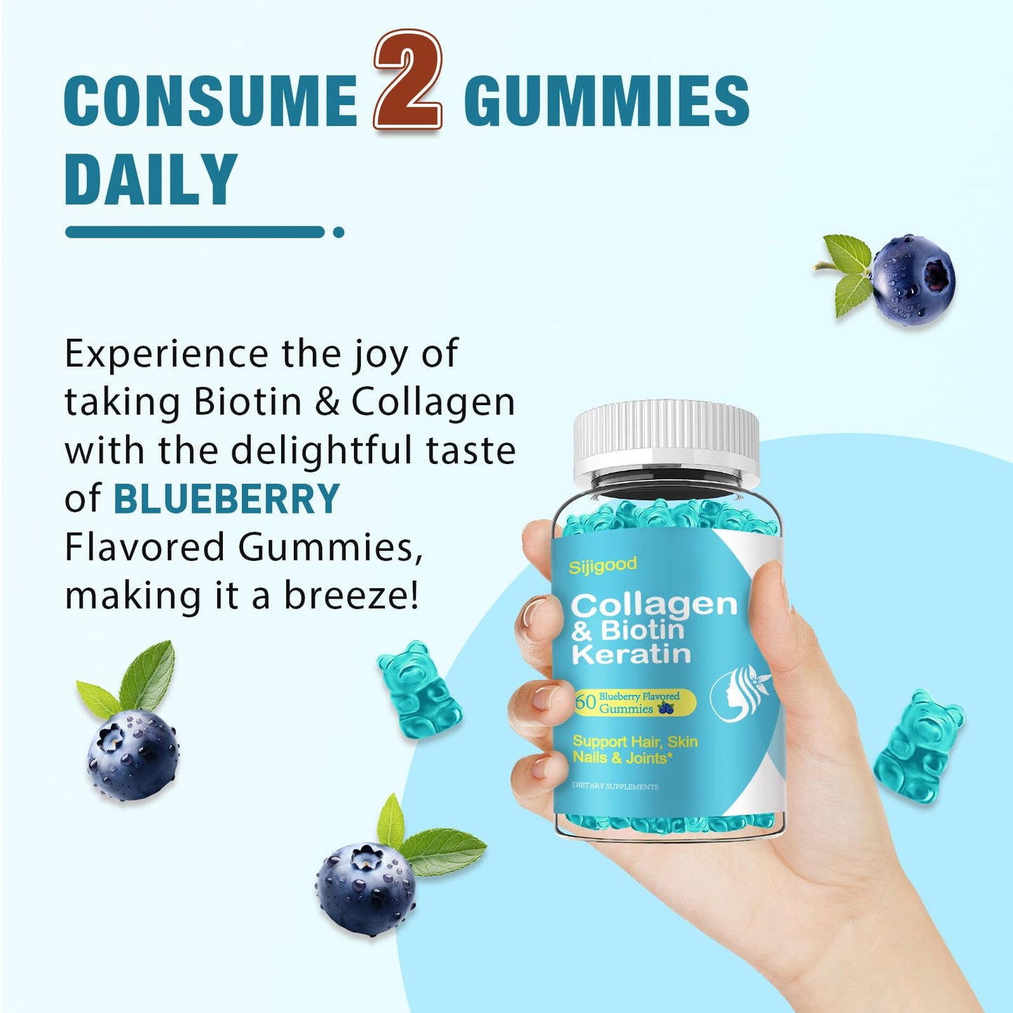 Sijigood Biotin Gummies with Collagen, Keratin, Hyaluronic Acid, Vitamin for Skin, Hair Growth, Nails, Women Men Adults Kids, Blueberry Flavored, 120 Gummies