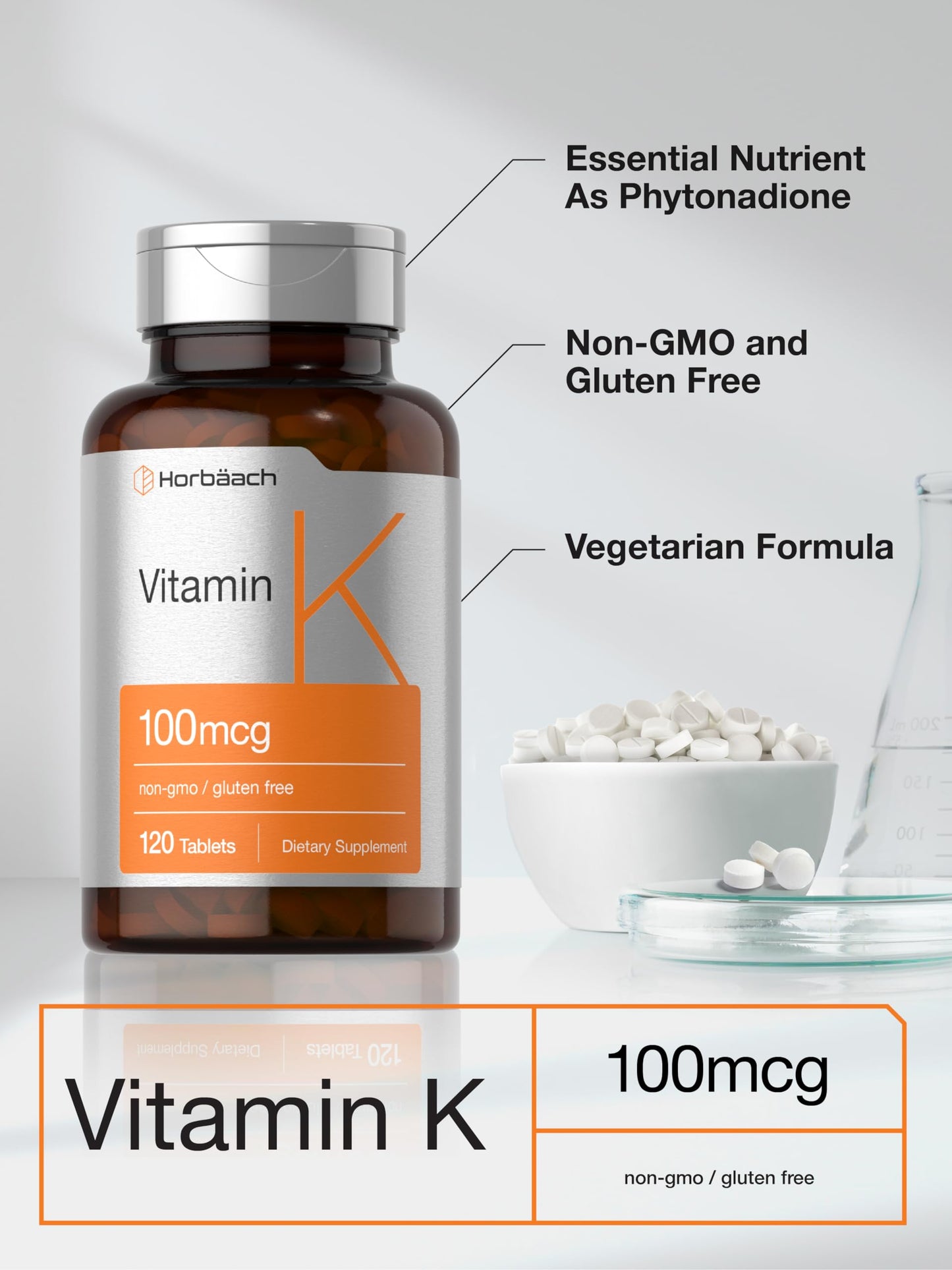 Horbäach Vitamin K Supplement 100mcg, 120 Tablets