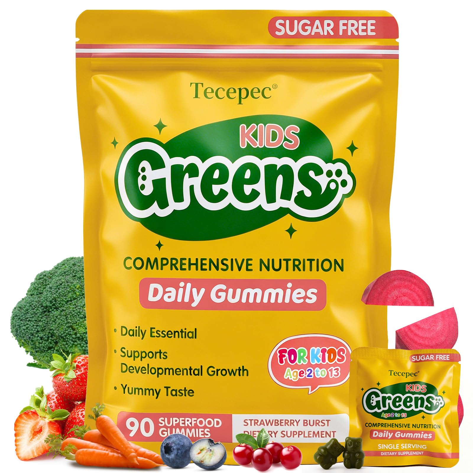 Tecepec Sugar Free Greens Daily Gummies for Kids - Superfood Fruits Veggies Blend with Spirulina, Chlorella, Prebiotics & Fiber, Adaptogens Multivitamin Supplement Digestive Health, Non-GMO, 90 Count