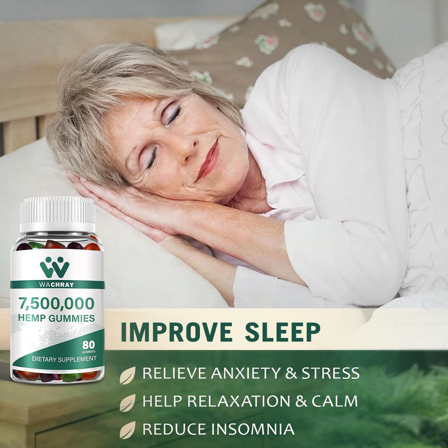 WACHRAY Hemp Gummies for Sleep, Anxiety & Pain Relief with Omega-3-6-9 & Vitamin, Gummies, 160 Count