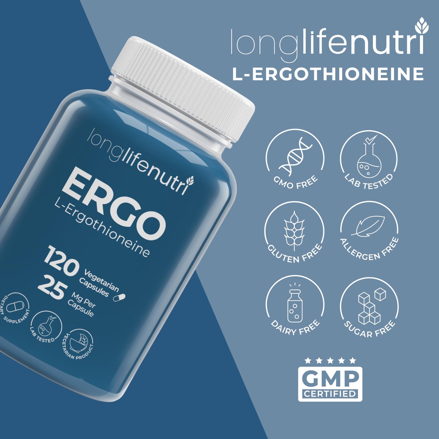 LongLifeNutri L-Ergothioneine 25mg Capsules, 120 Count