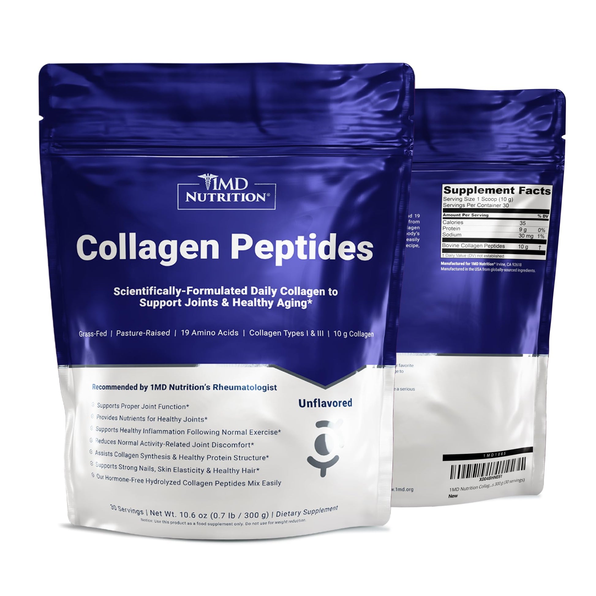 1MD Nutrition Collagen Peptides - Hydrolyzed Collagen Powder Types I & III for Women & Men - Joint, Hair & Nail Support - Unflavored, 10.58 oz