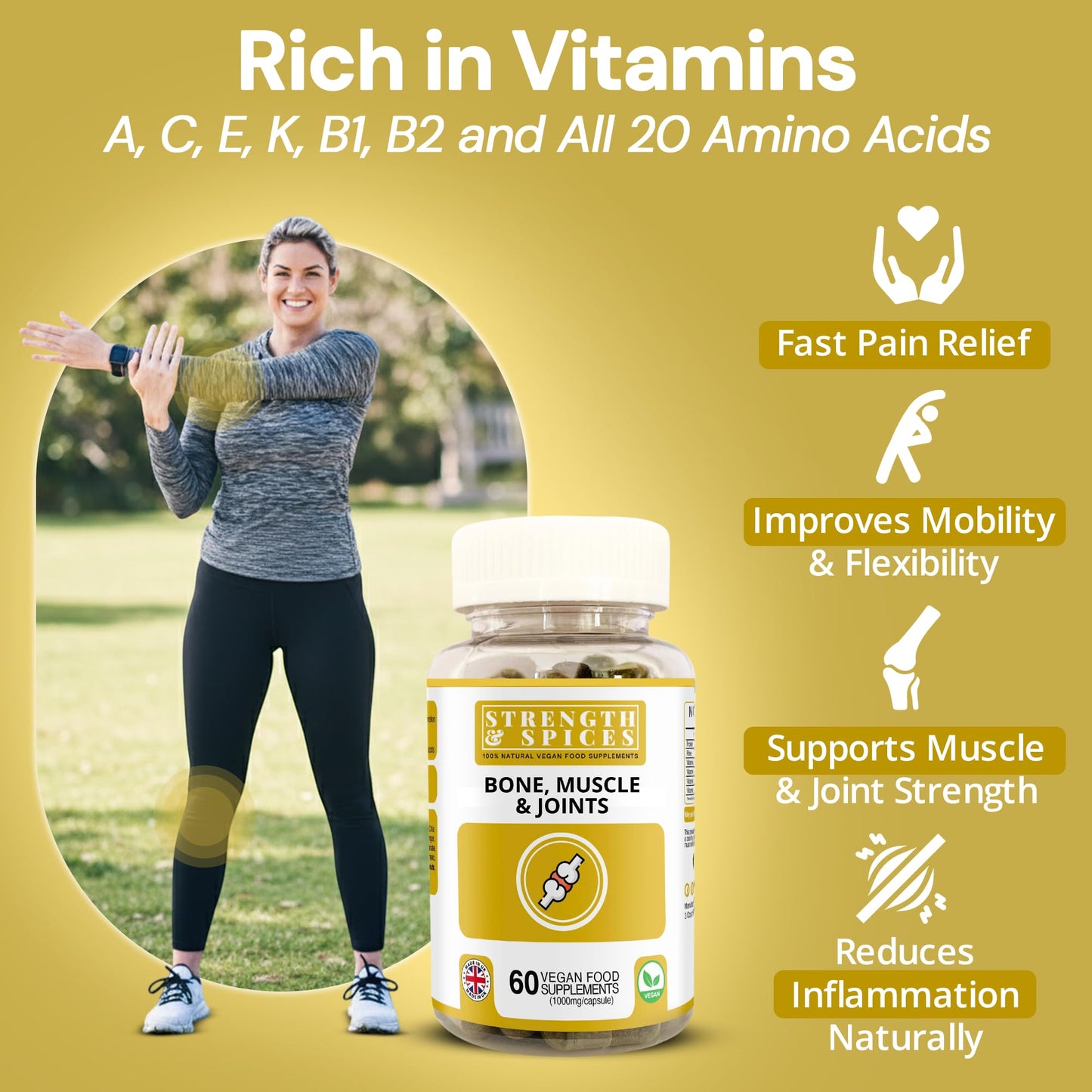 STRENGTH & SPICES Bone, Muscle & Joints 100% Natural Turmeric Supplement, 60 Capsules