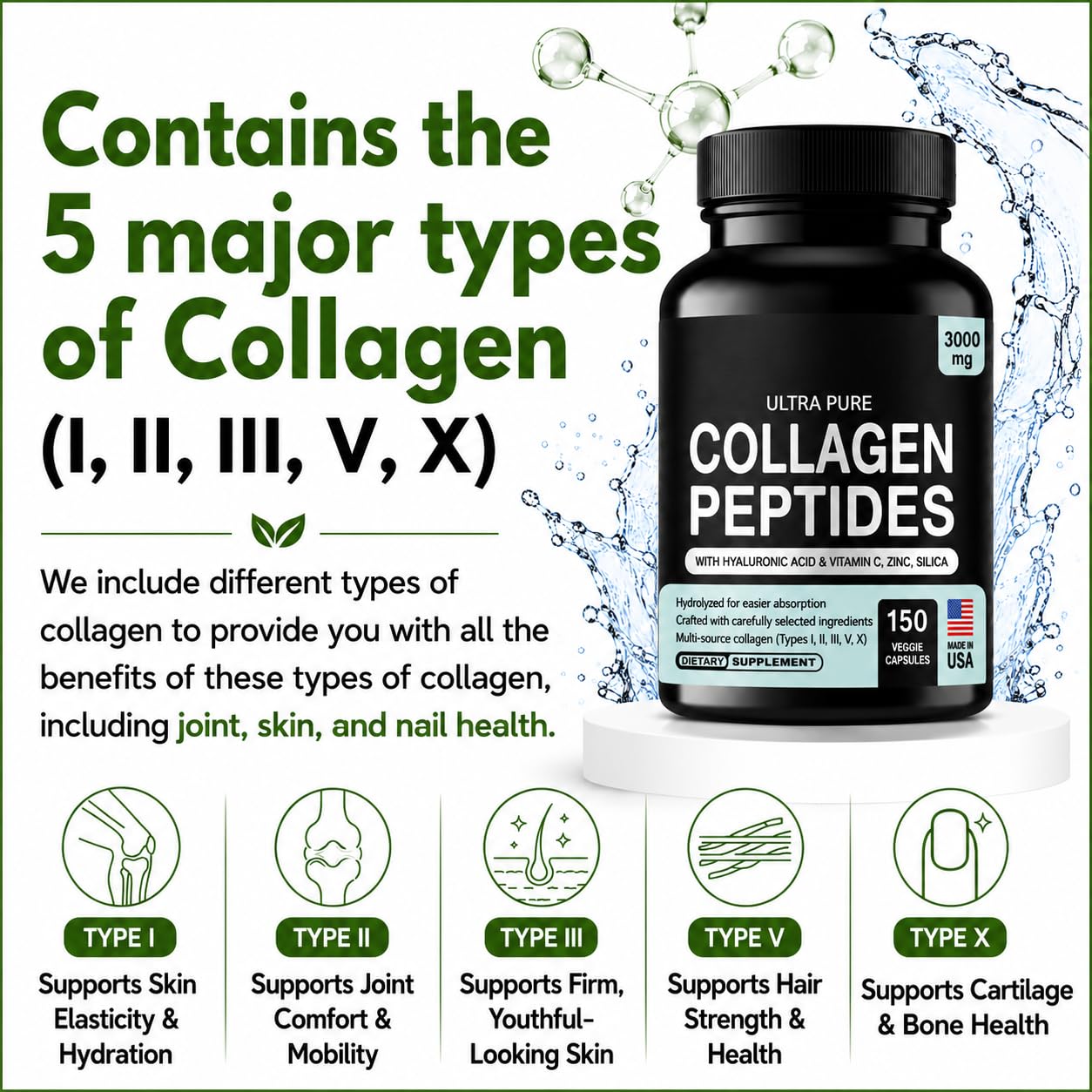 HCL Herbal Code Labs Collagen Peptides Powder with Vitamin C & Hyaluronic Acid, Hydrolyzed Multi-Type I, II, III, V, X Skin Hair Supplement, 1 Ounce