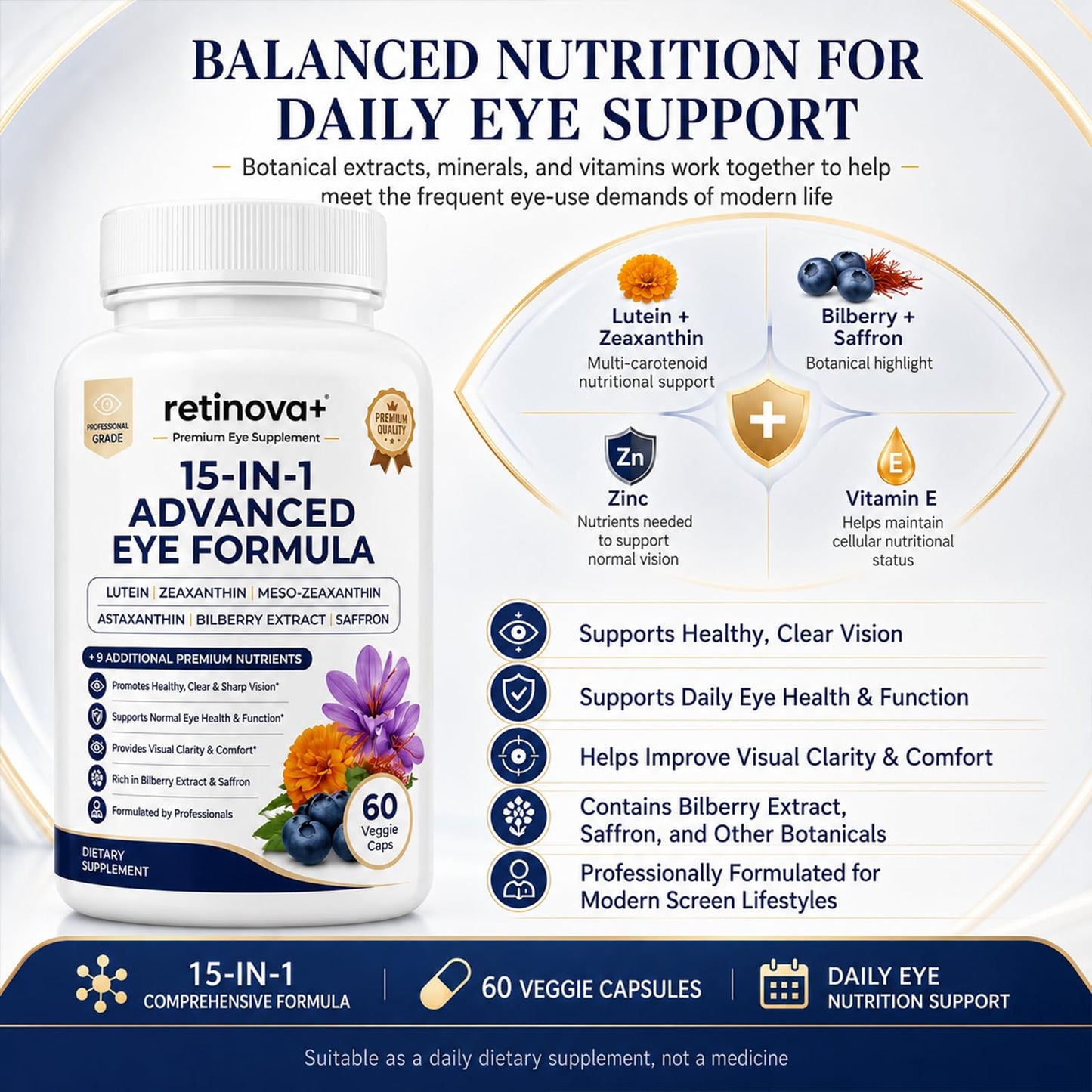 EveLabs Retinova+ 15-in-1 Advanced Eye Formula with Lutein Zeaxanthin Bilberry & Vitamins Eye Care Health Support Eye Vitamin and Mineral Supplement, Capsule, 60 Count