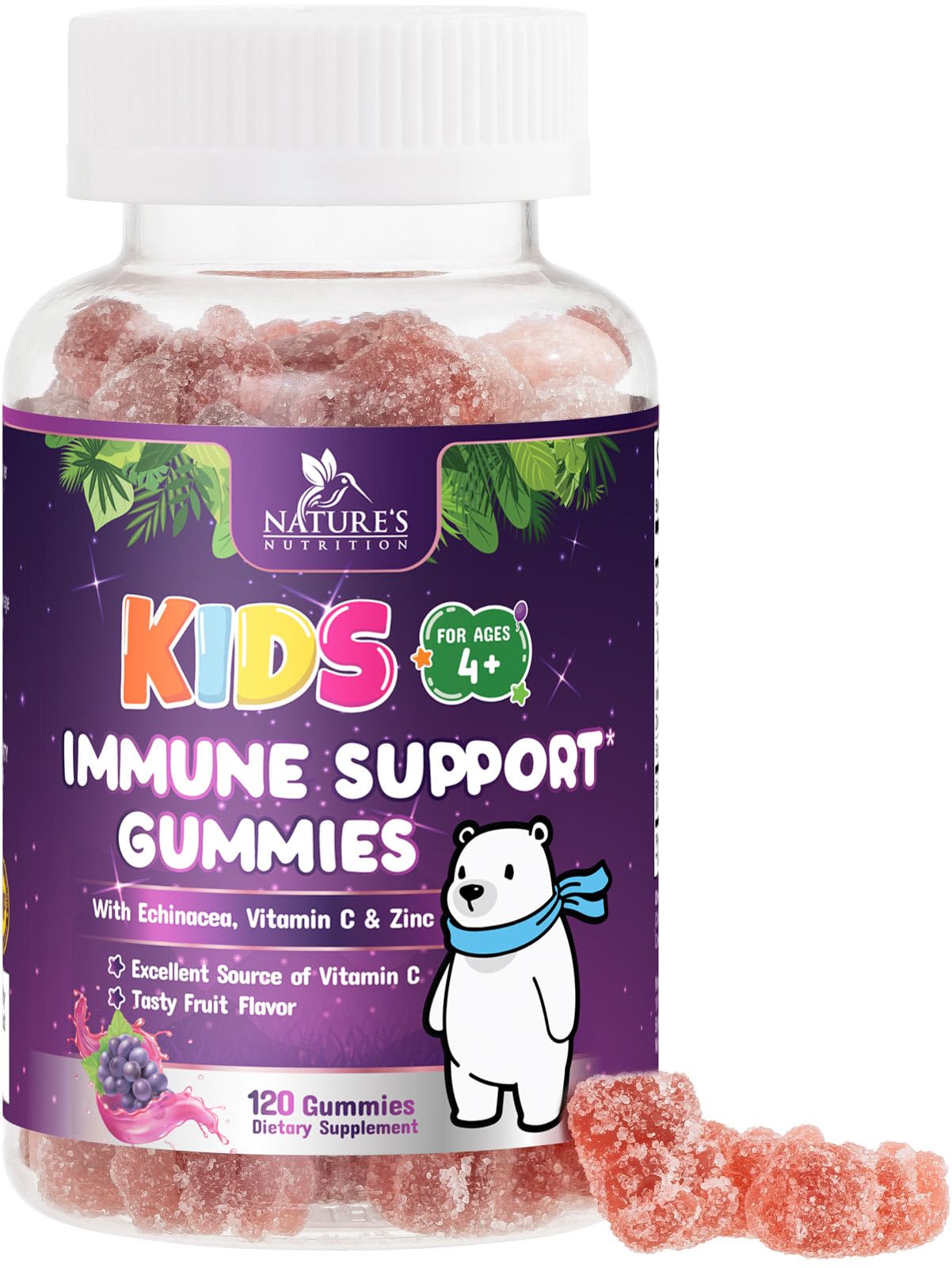 Nature's Nutrition Kids Immune Support Gummies Vitamin C, Zinc & Echinacea, 120 Gummies