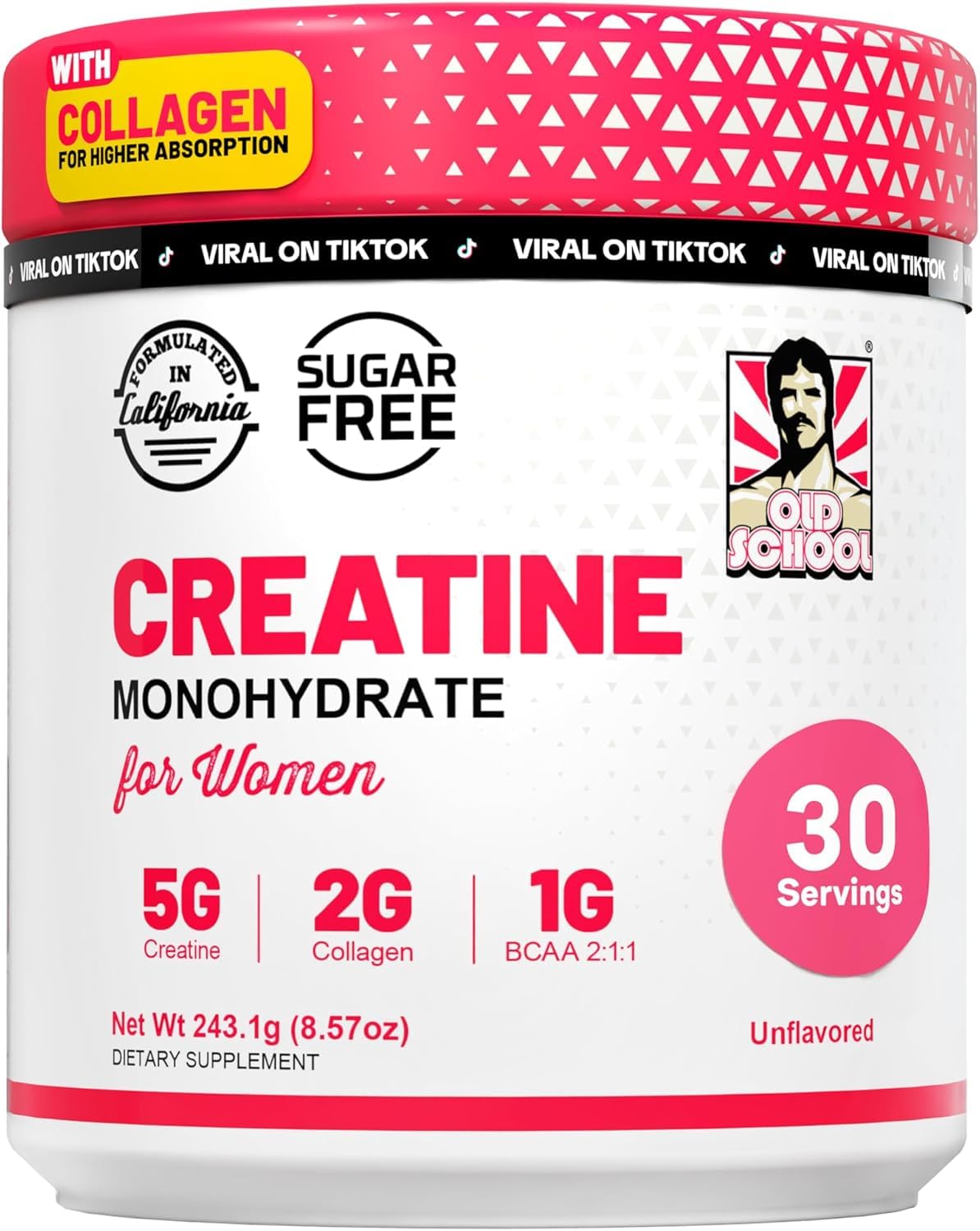 Old School Labs Creatine for Women – Post-Workout Supplement with 5000mg Creatine Monohydrate, 2000mg Collagen & BCAA 2:1:1 for Strength Support & Recovery, Unflavored, Powder, 8.57 Ounce