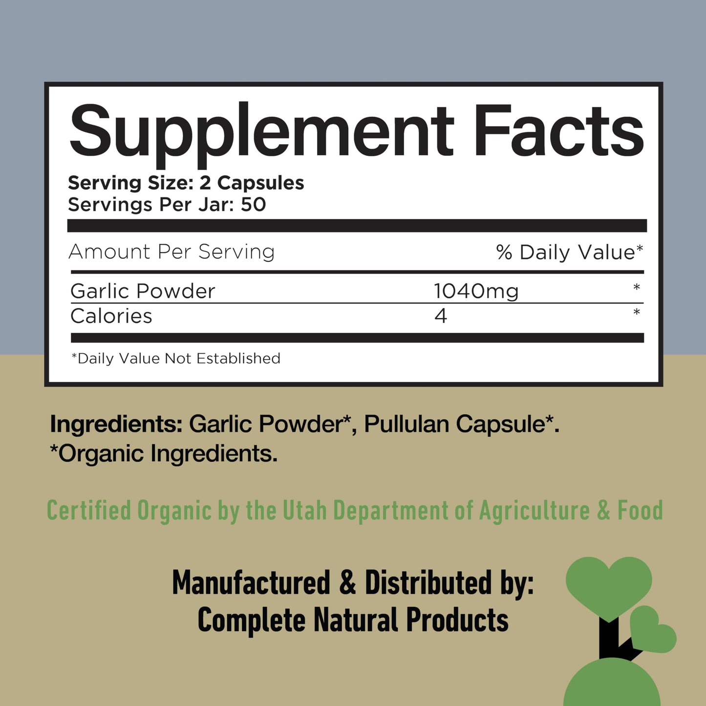 Complete Natural Products Organic Garlic Capsules 520mg Whole Garlic Extract Supplement Capsule, 100 Count